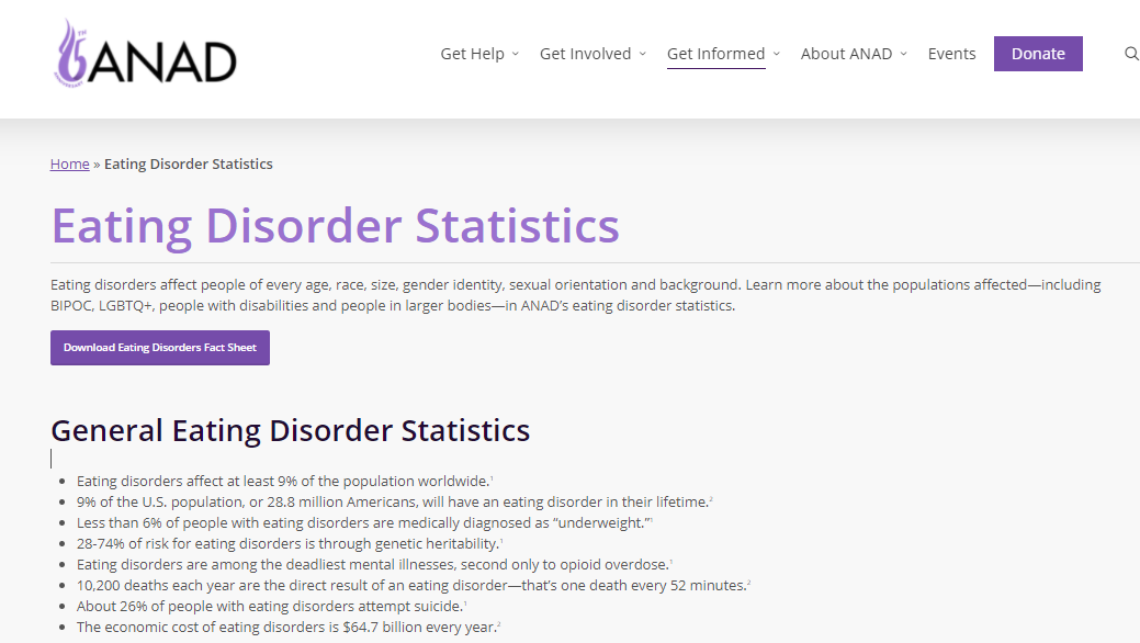 Screen capture of website landing page: Eating Disorder Statistics