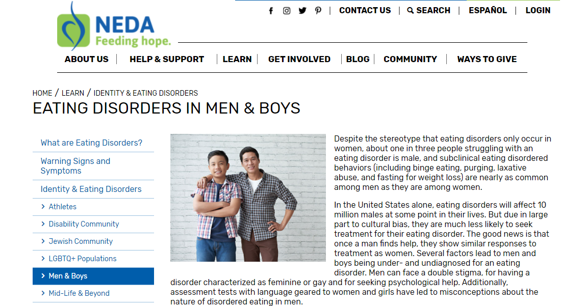 Screen capture of top of web article: Eating Disorders in Men and Boys