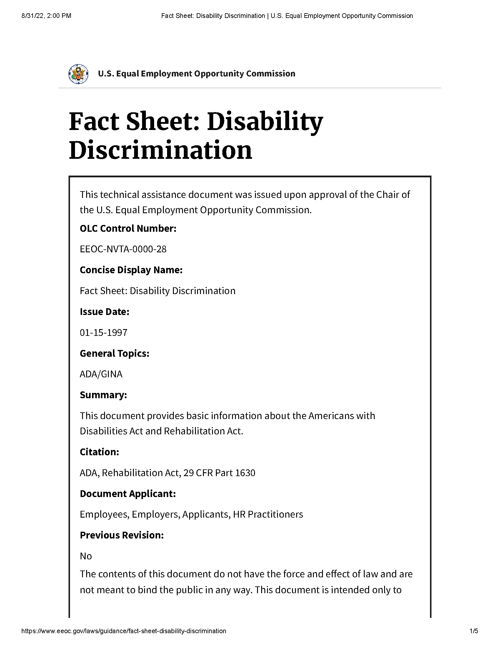 PDF Cover: Fact Sheet: Disability Discrimination