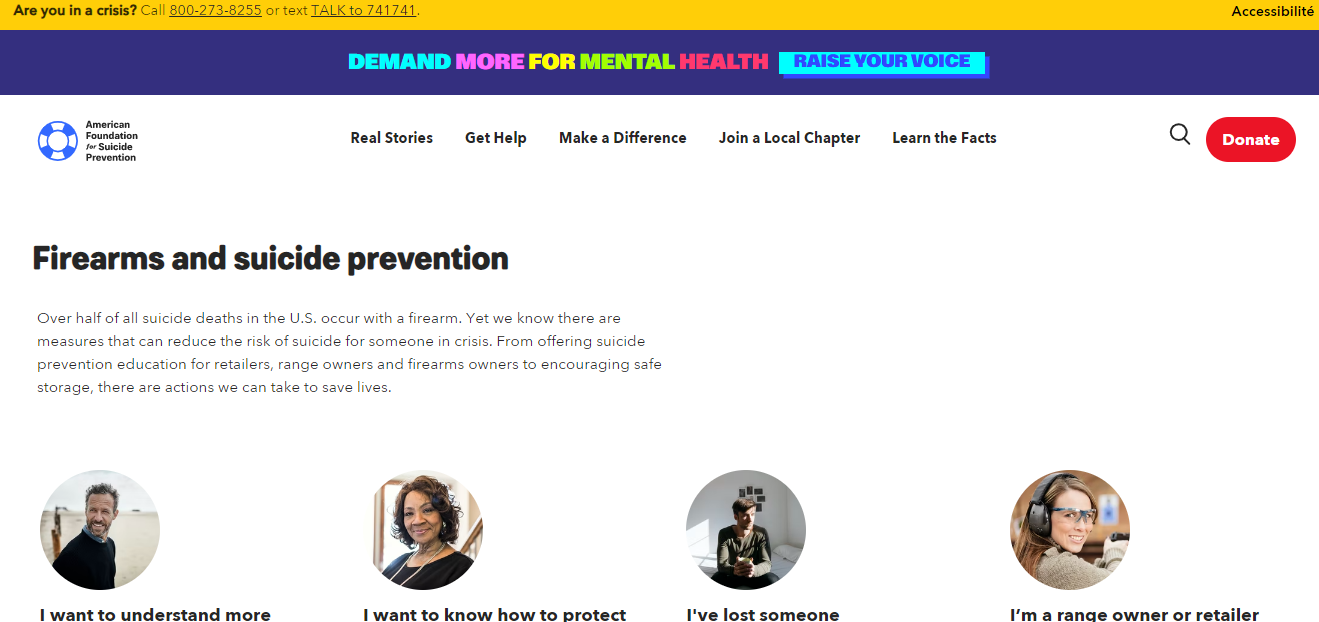 Screen shot of top of webpage: Firearms and Suicide Prevention