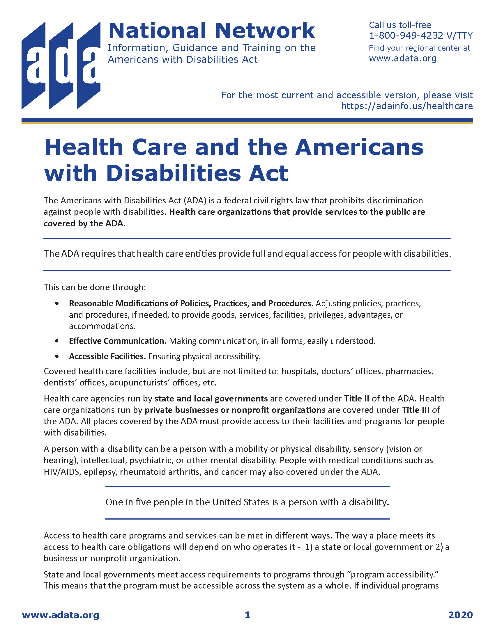 PDF Cover: Health Care and the Americans with Disabilities Act