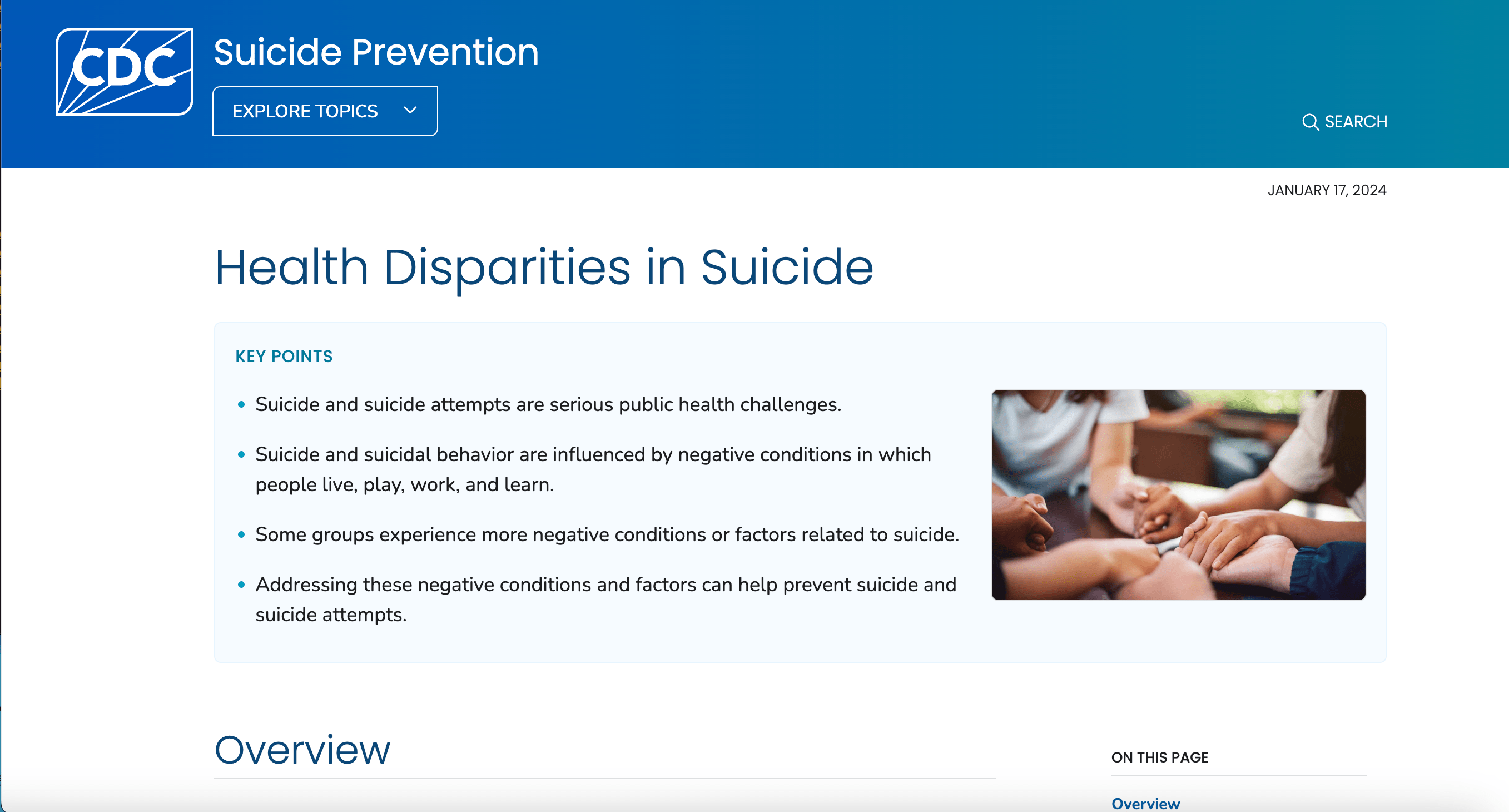 A screenshot of the front page of Health disparities in Suicide