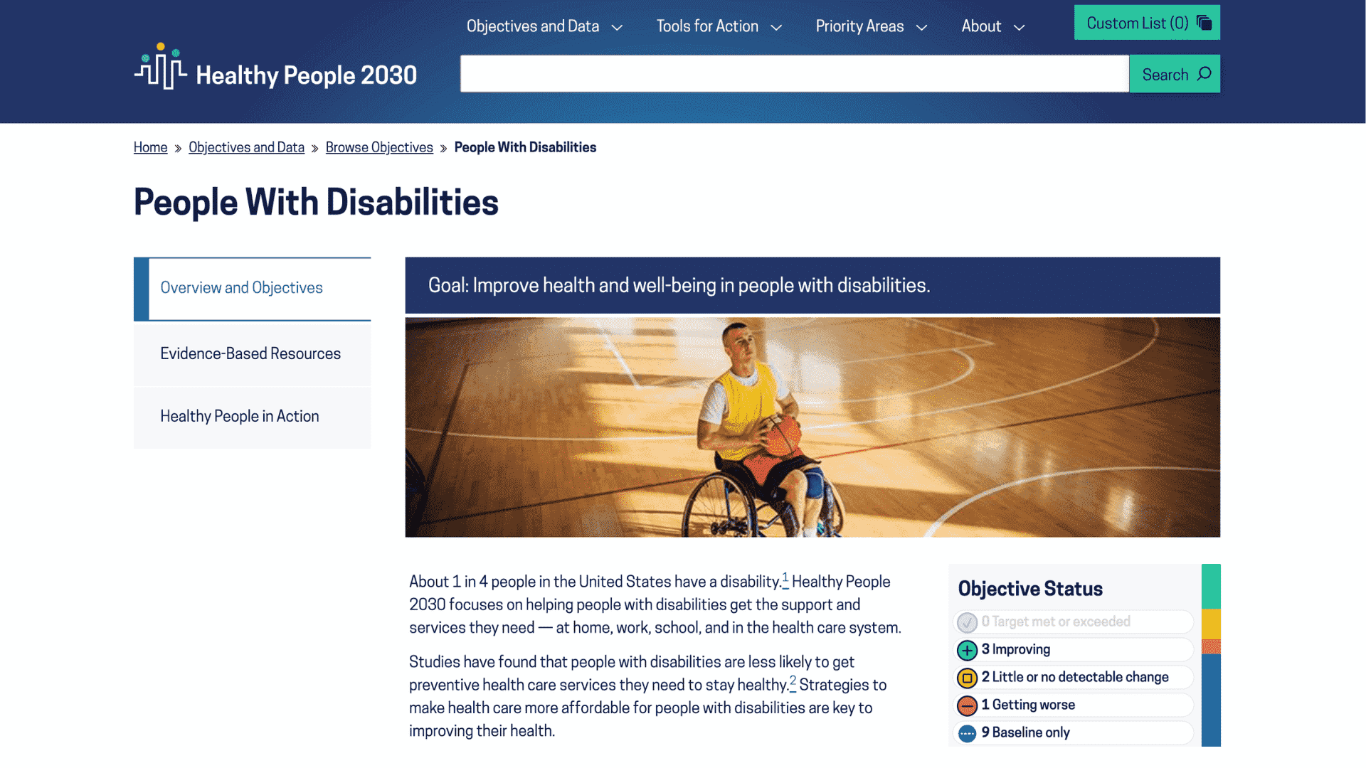 Screen capture of Healthy People 2030: People With Disabilities webpage