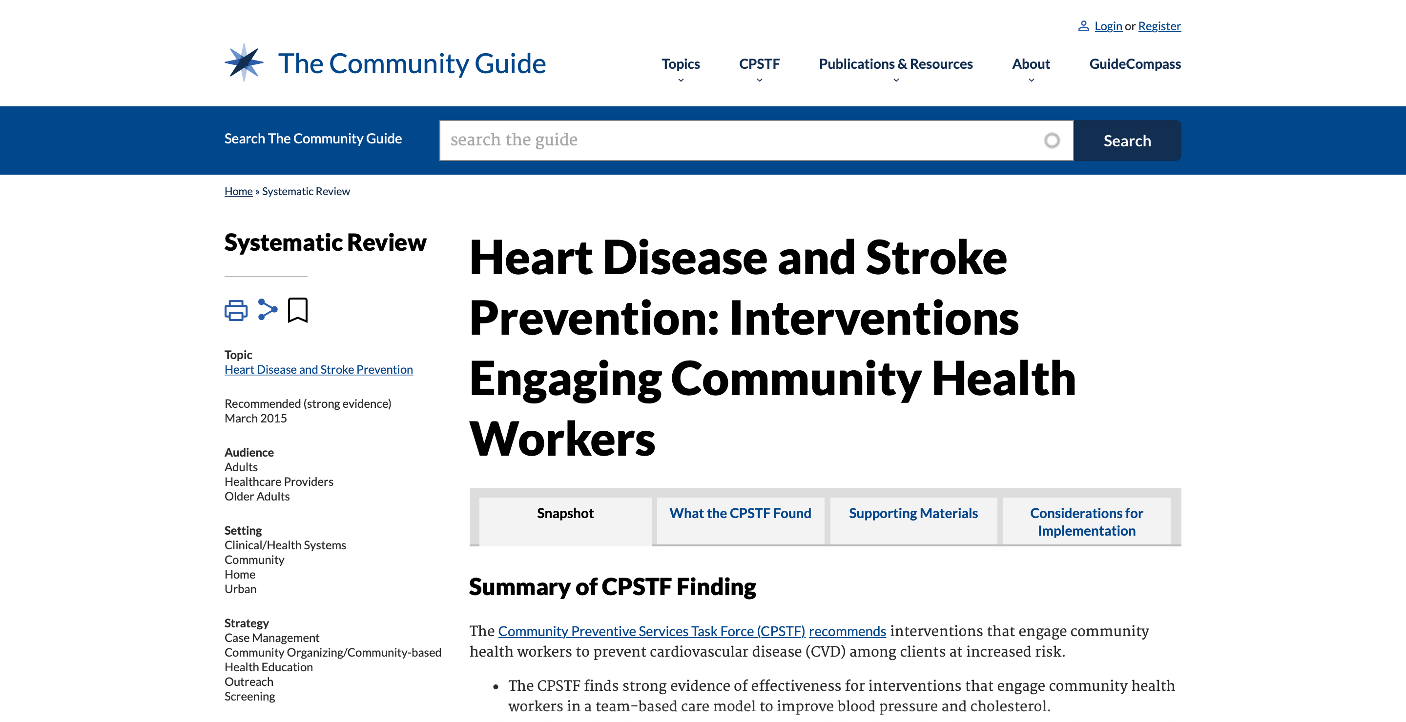 Screenshot of Heart Disease and Stroke Prevention: Interventions Engaging Community Health Workers