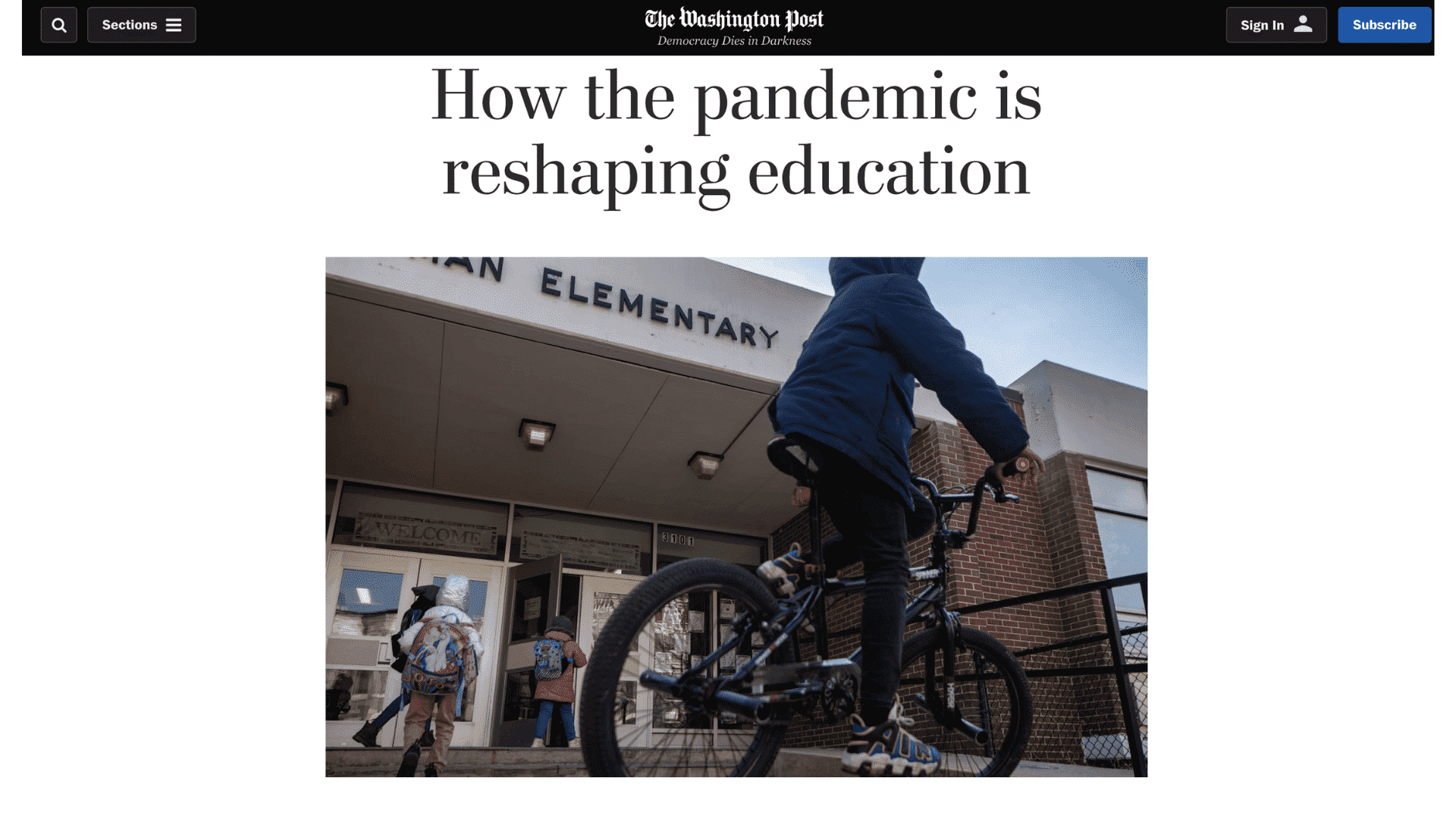 Screen capture of How the Pandemic is Reshaping Education article