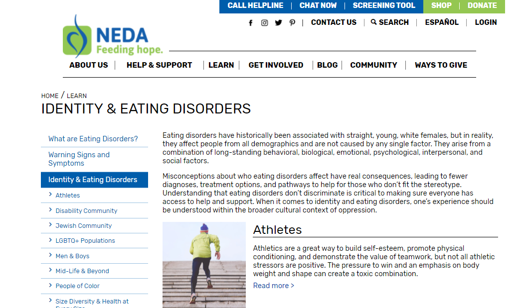 Screen capture of top of web article: Identity & Eating Disorders