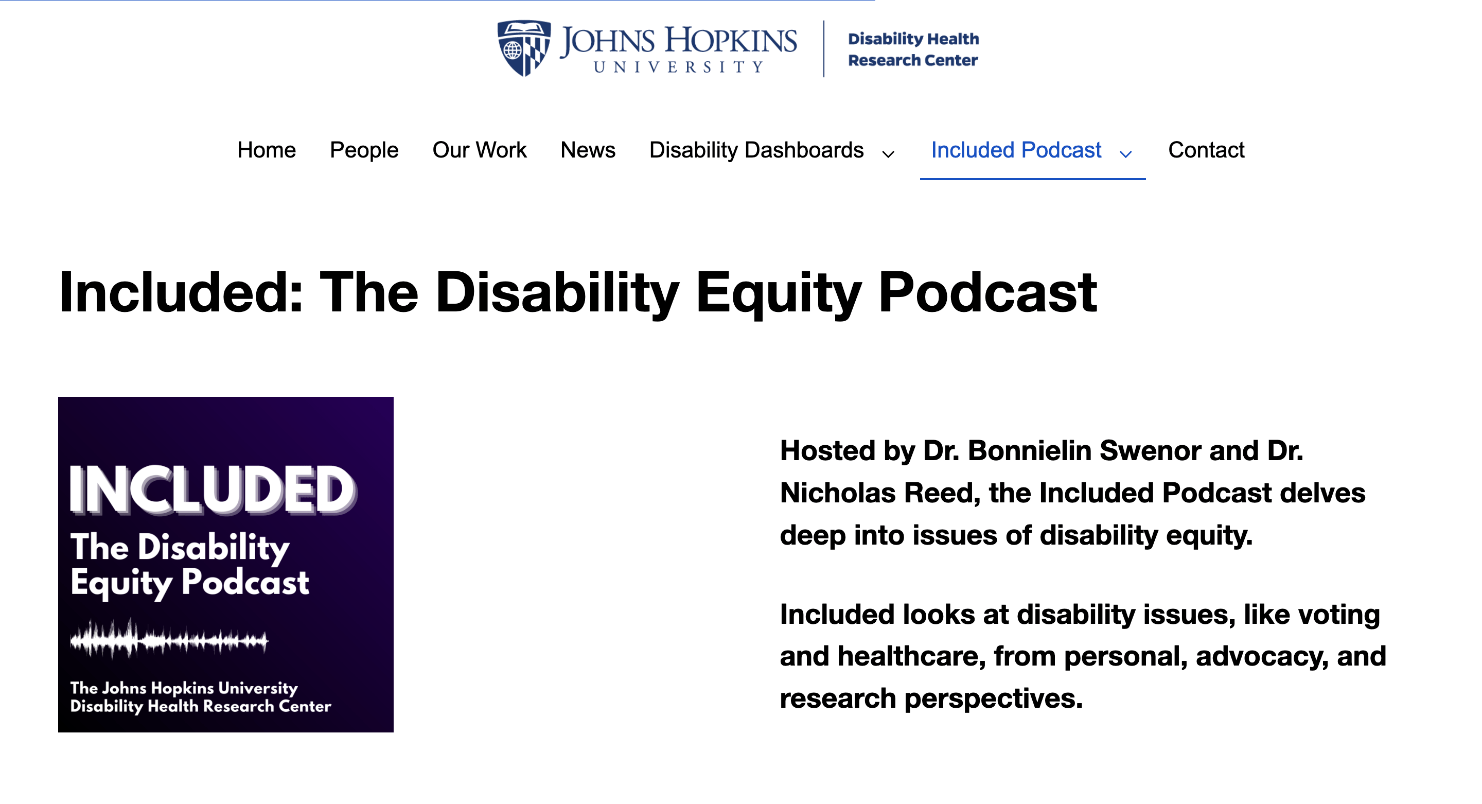 Screen capture of Included: The Disability Equity Podcast webpage