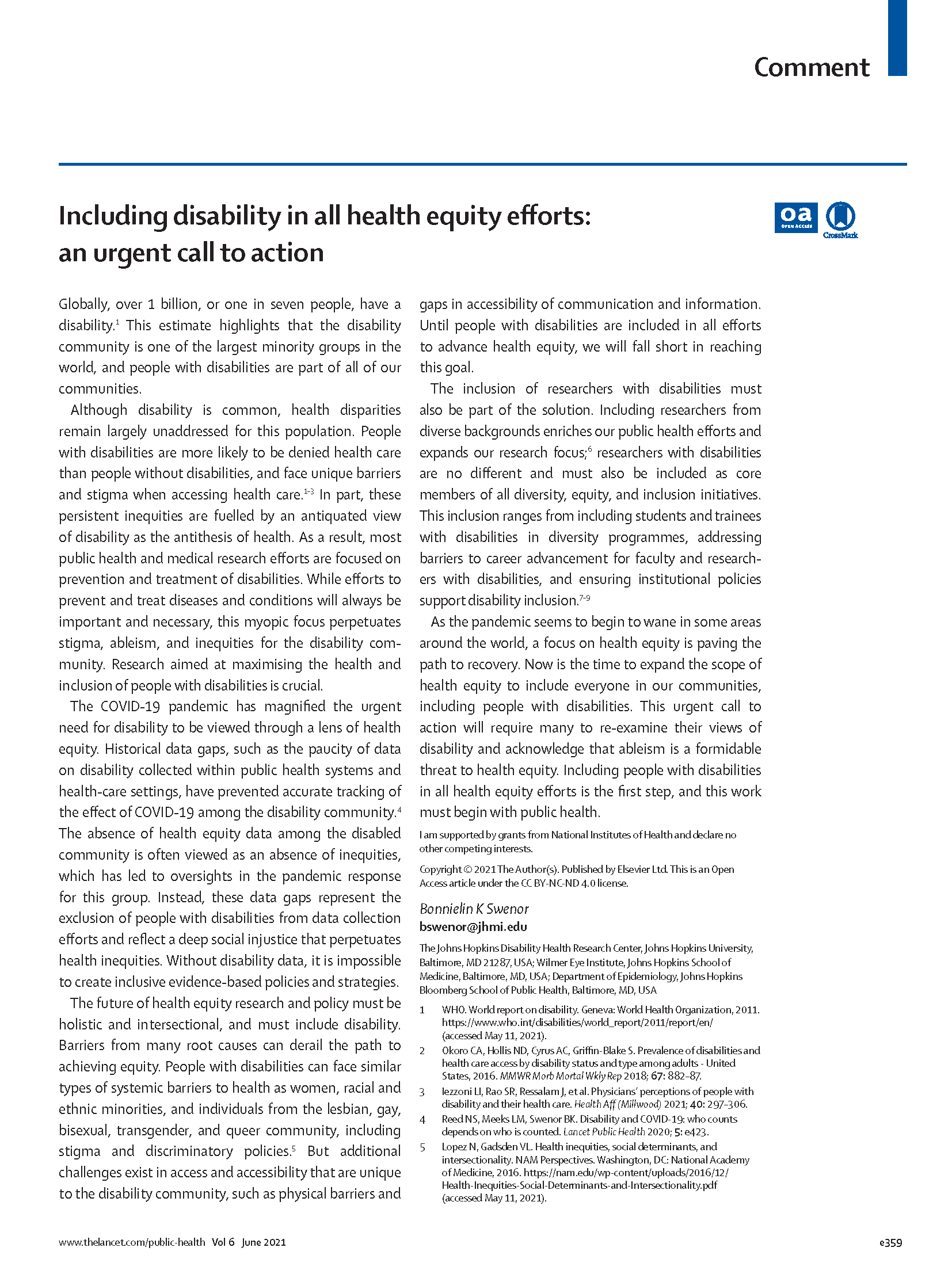 PDF Cover: Including Disability in All Health Equity Efforts: An Urgent Call to Action