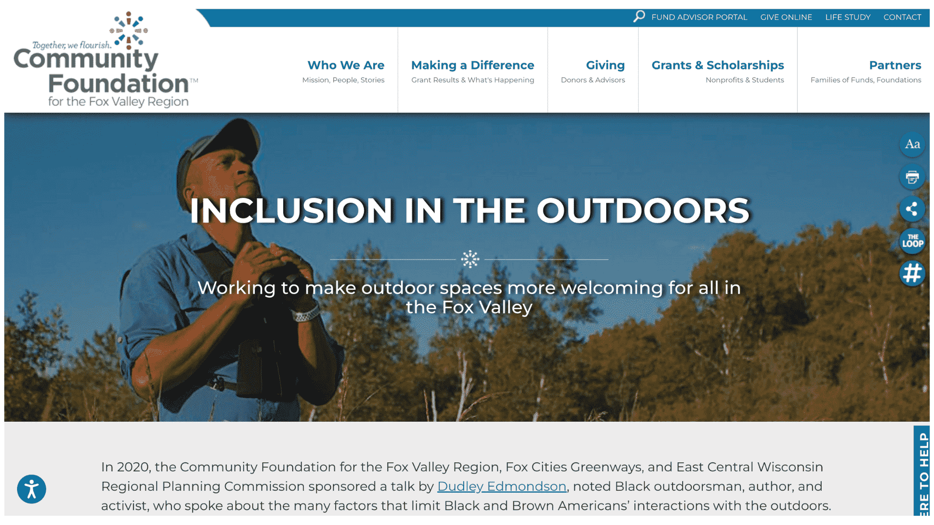 Screen capture of Inclusion in the Outdoors webpage