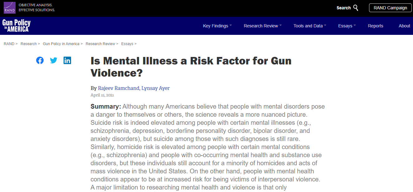 Screen shot of top of article: Is Mental Illness A Risk Factor for Gun Violence?