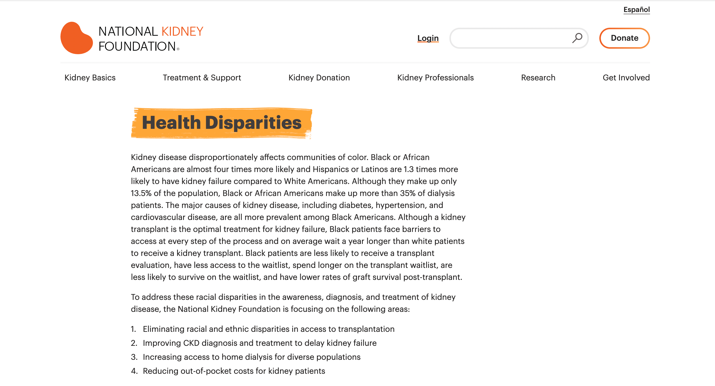 Screen capture of Health Disparities