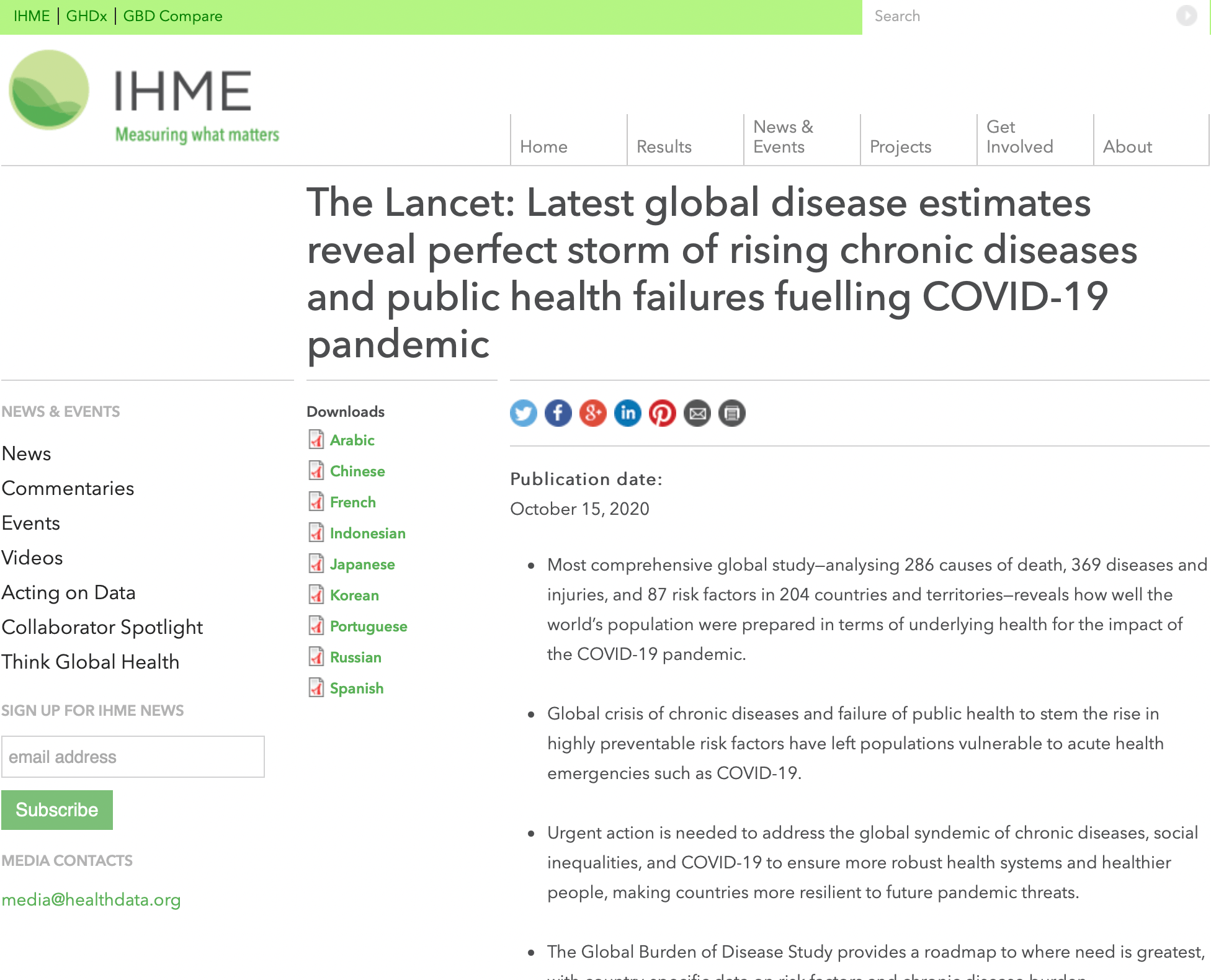 Screenshot of The Lancet: Latest global disease estimates reveal perfect storm of rising chronic diseases and public health failures fueling COVID-19 pandemic