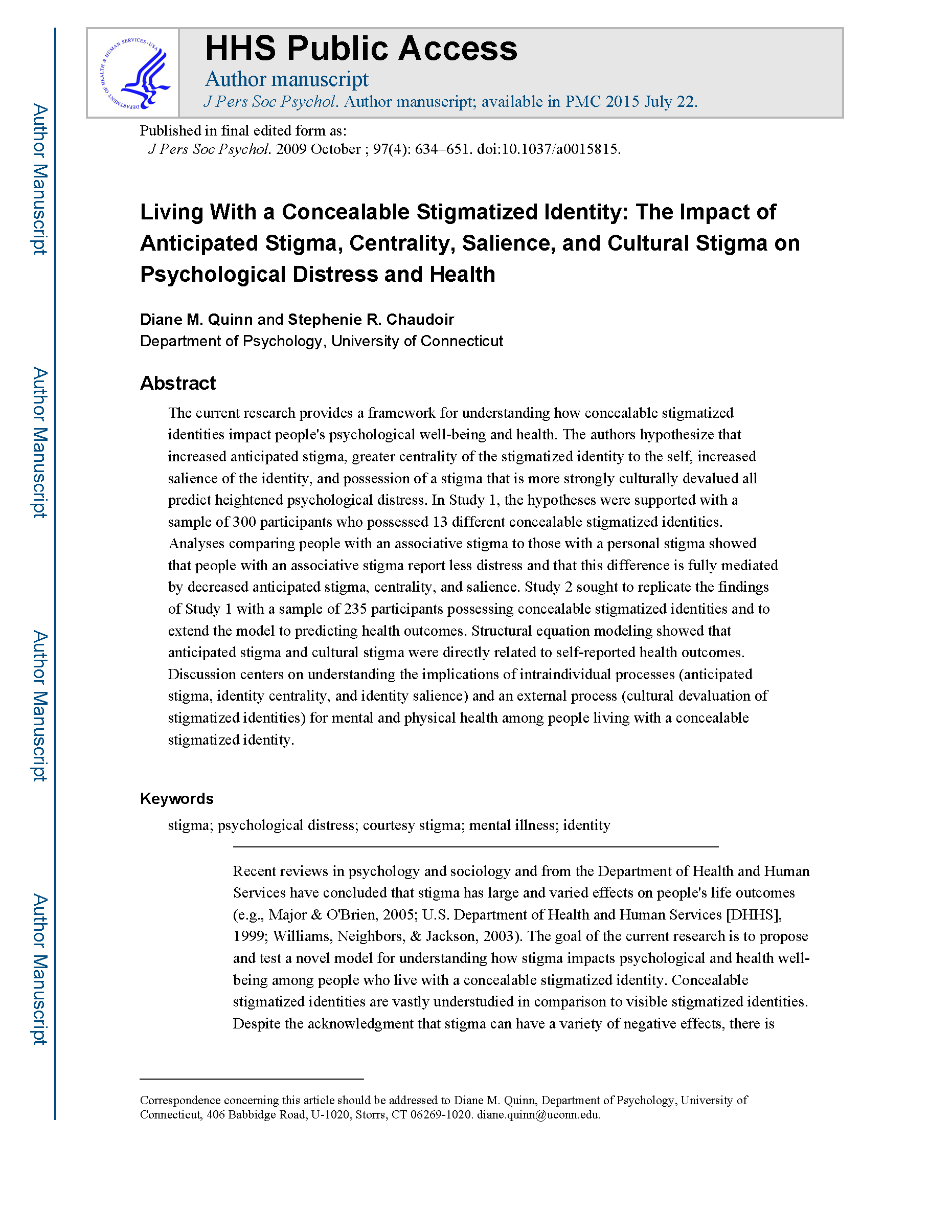 PDF Cover: Living With a Concealable Stigmatized Identity: The Impact of Anticipated Stigma, Centrality, Salience, and Cultural Stigma on Psychological Distress and Health