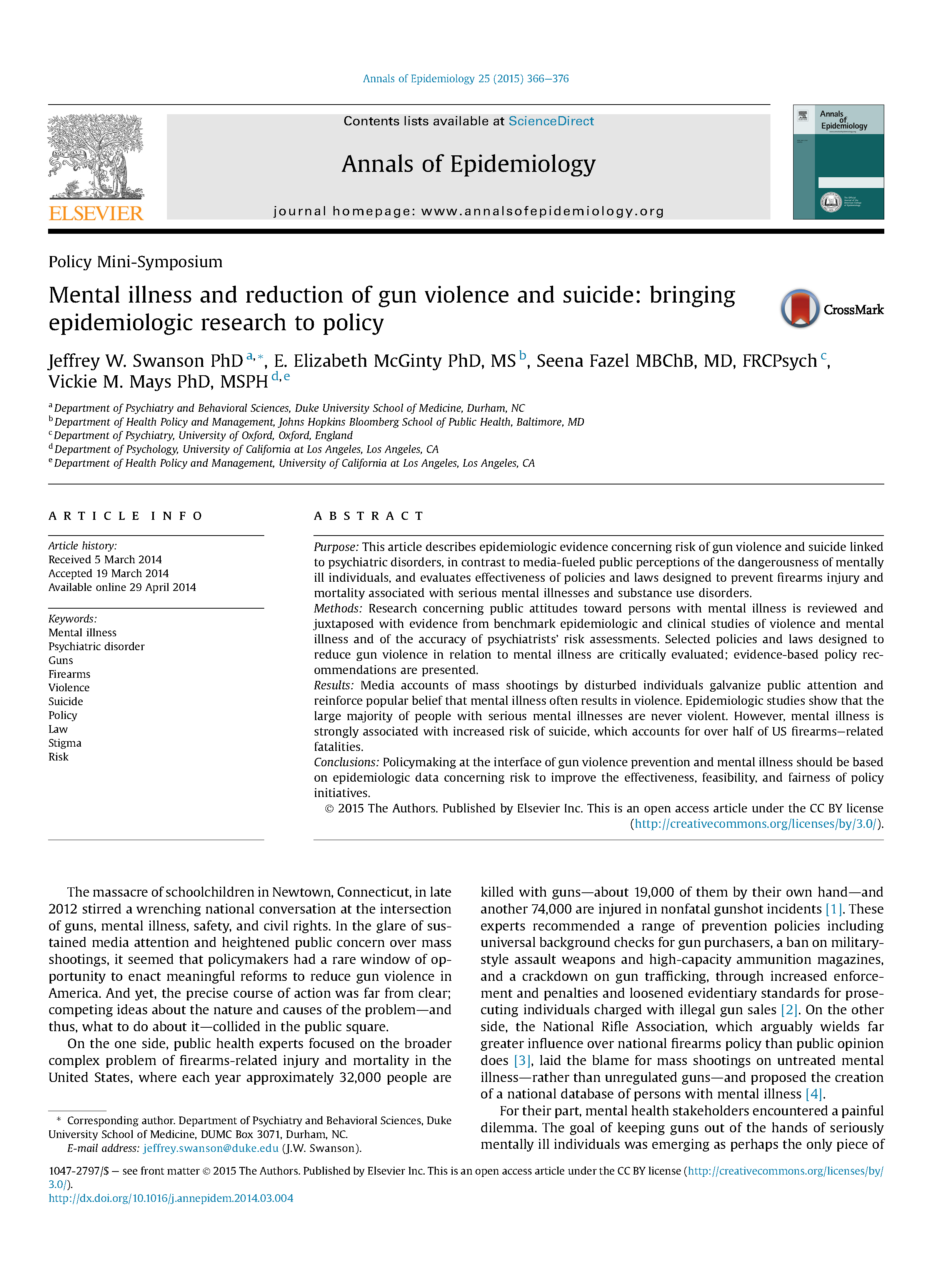 PDF Cover Page: Mental Illness and Reduction of Gun Violence and Suicide: Bringing Epidemiologic Research to Policy