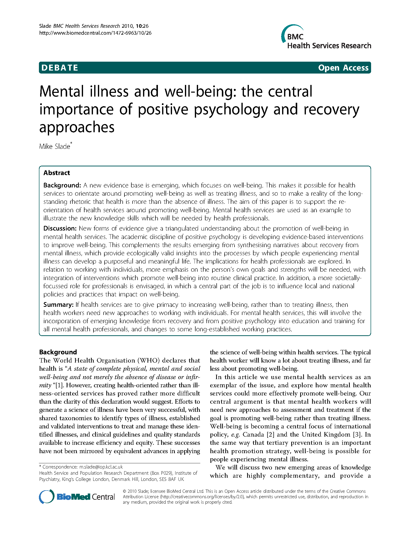 PDF Cover: Mental Illness and Well-Being: The Central Importance of Positive Psychology and Recovery Approaches