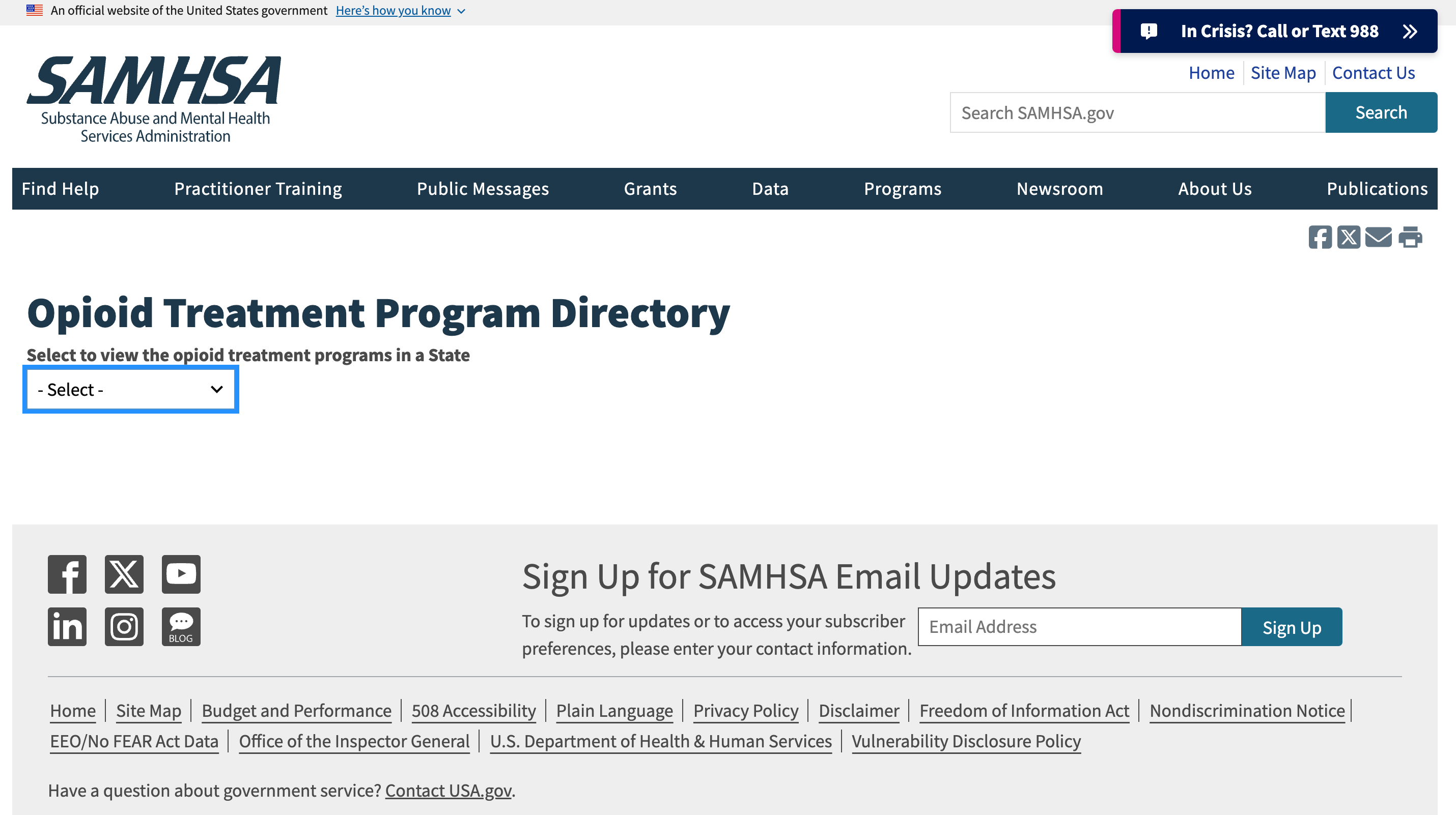 Screenshot of the front page of Opioid Treatment Program Directory