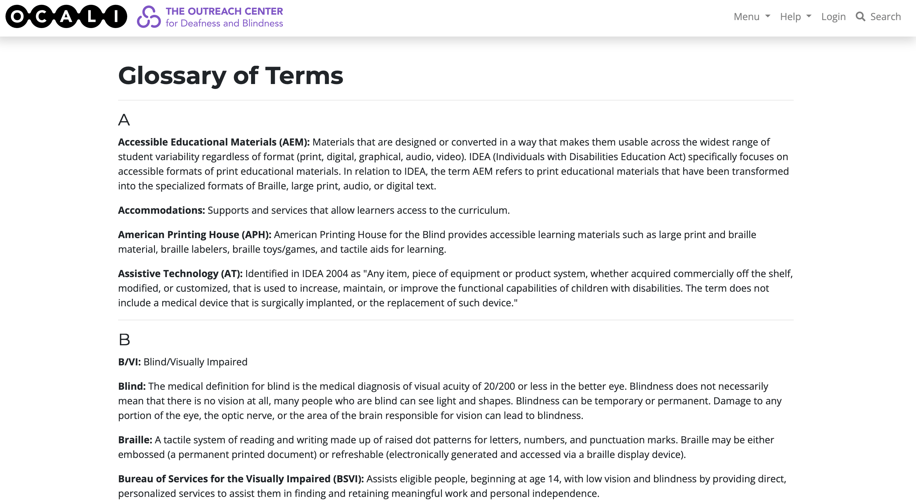 Screen grab of The Outreach Center for Deafness and Blindness: Glossary of Terms
