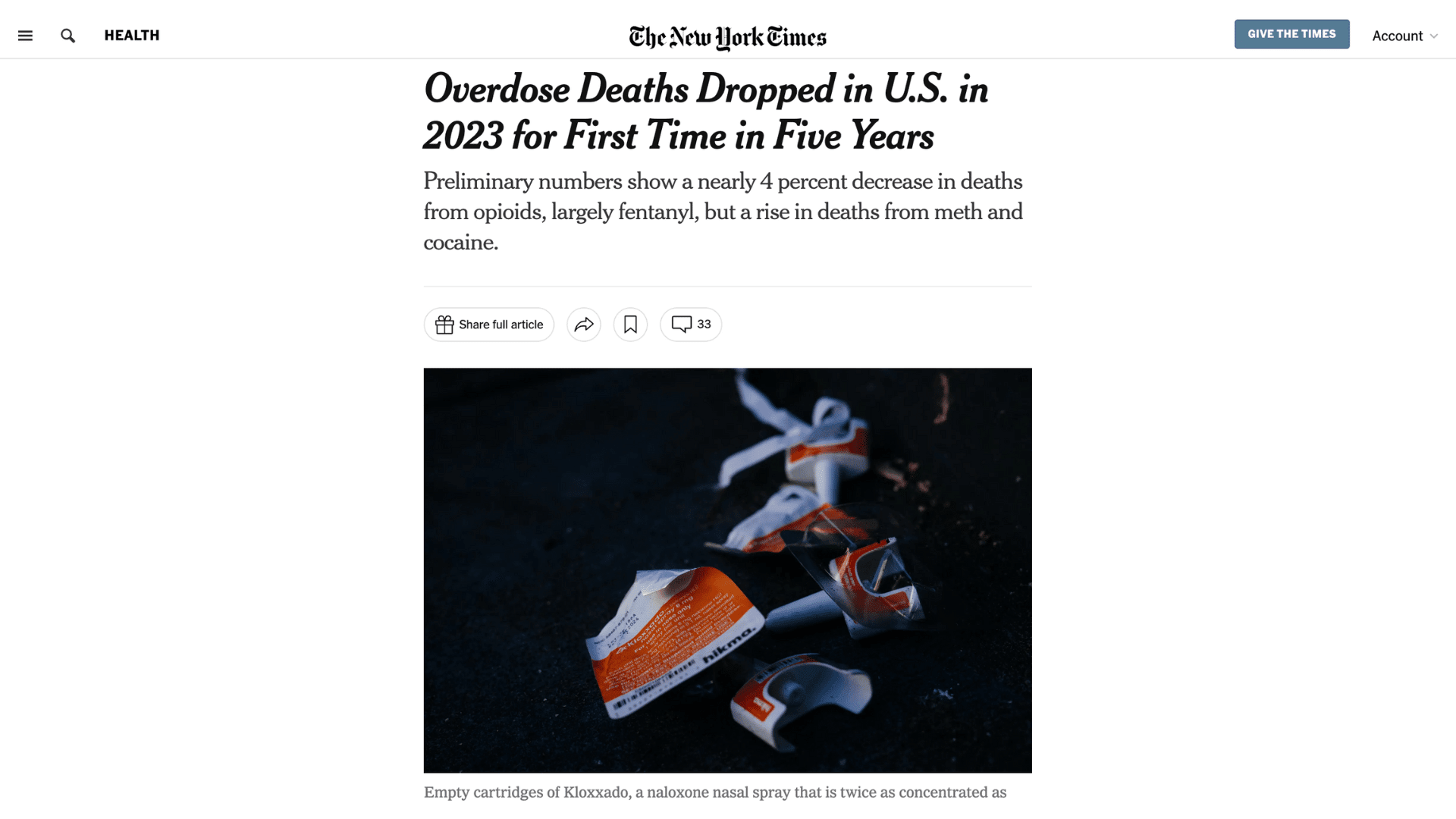 Screen capture of Overdose Deaths Dropped in U.S. in 2023 for First Time in Five Years article