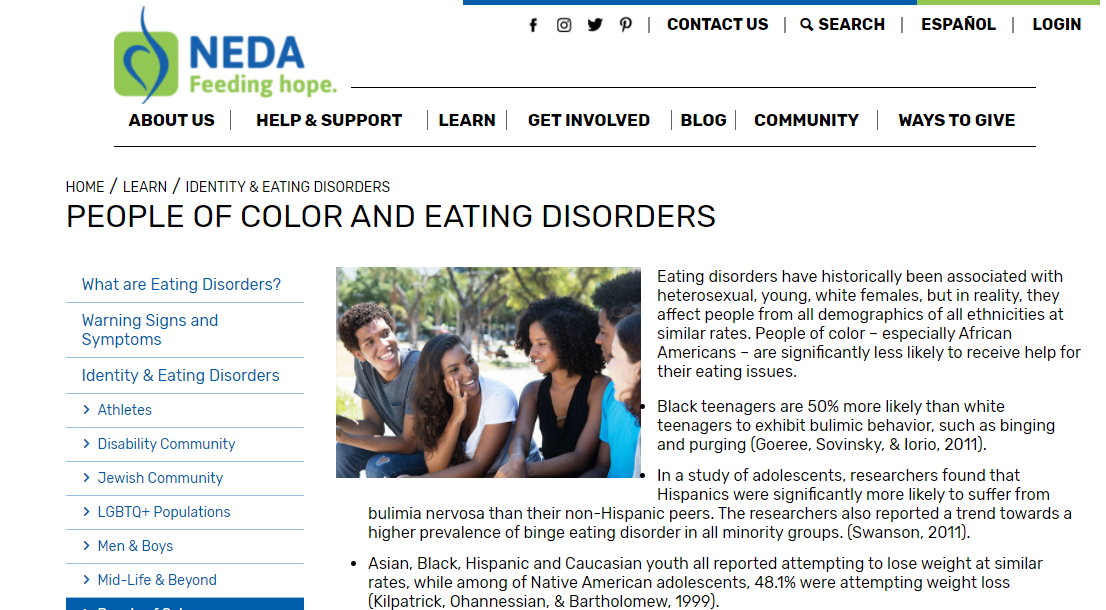 Screen capture of top of web article: People of Color and Eating Disorders