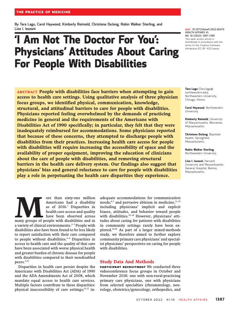 First page of ‘I Am Not The Doctor For You’: Physicians’ Attitudes About Caring For People With Disabilities journal article