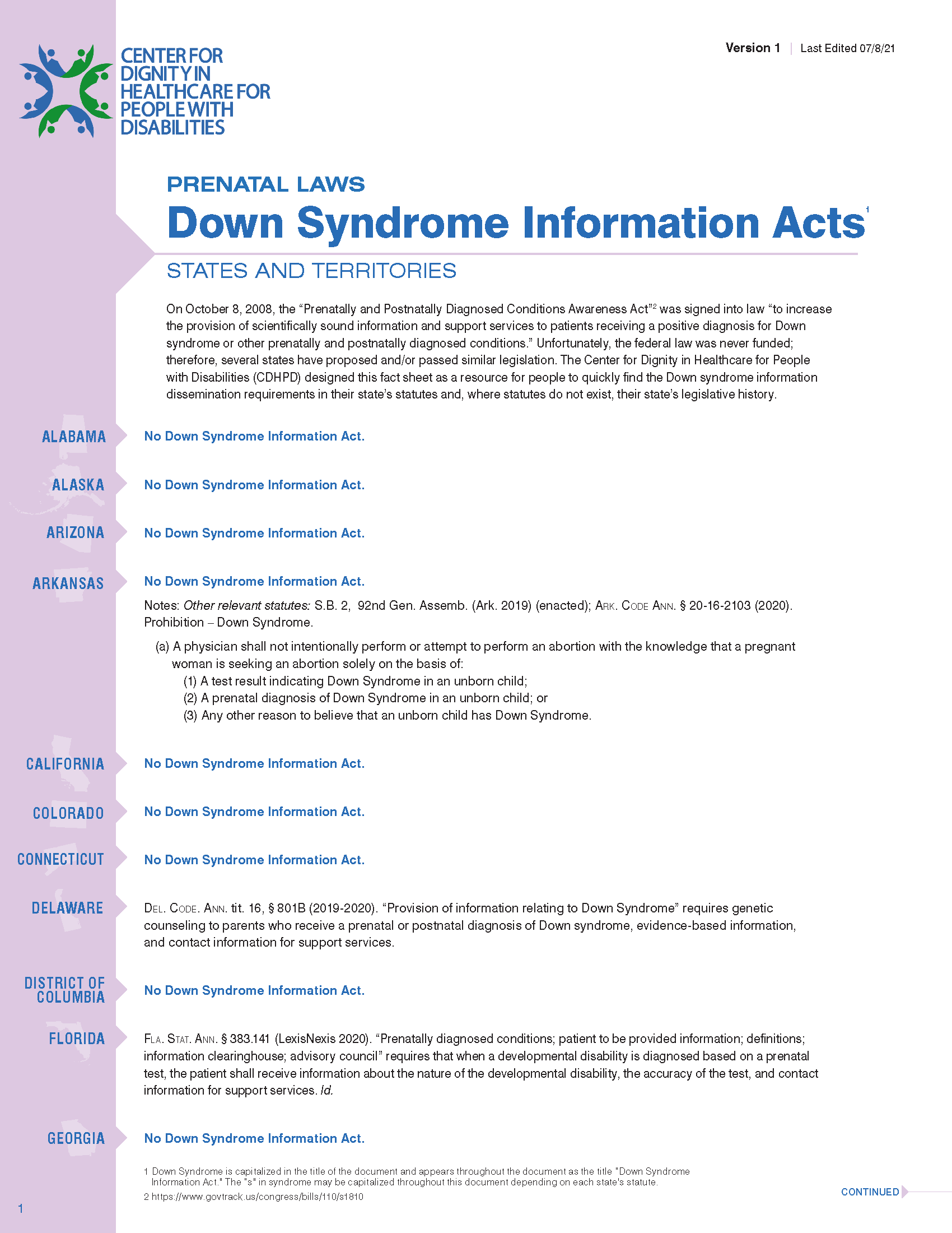 PDF Cover: Prenatal Laws: Down Syndrome Information Acts