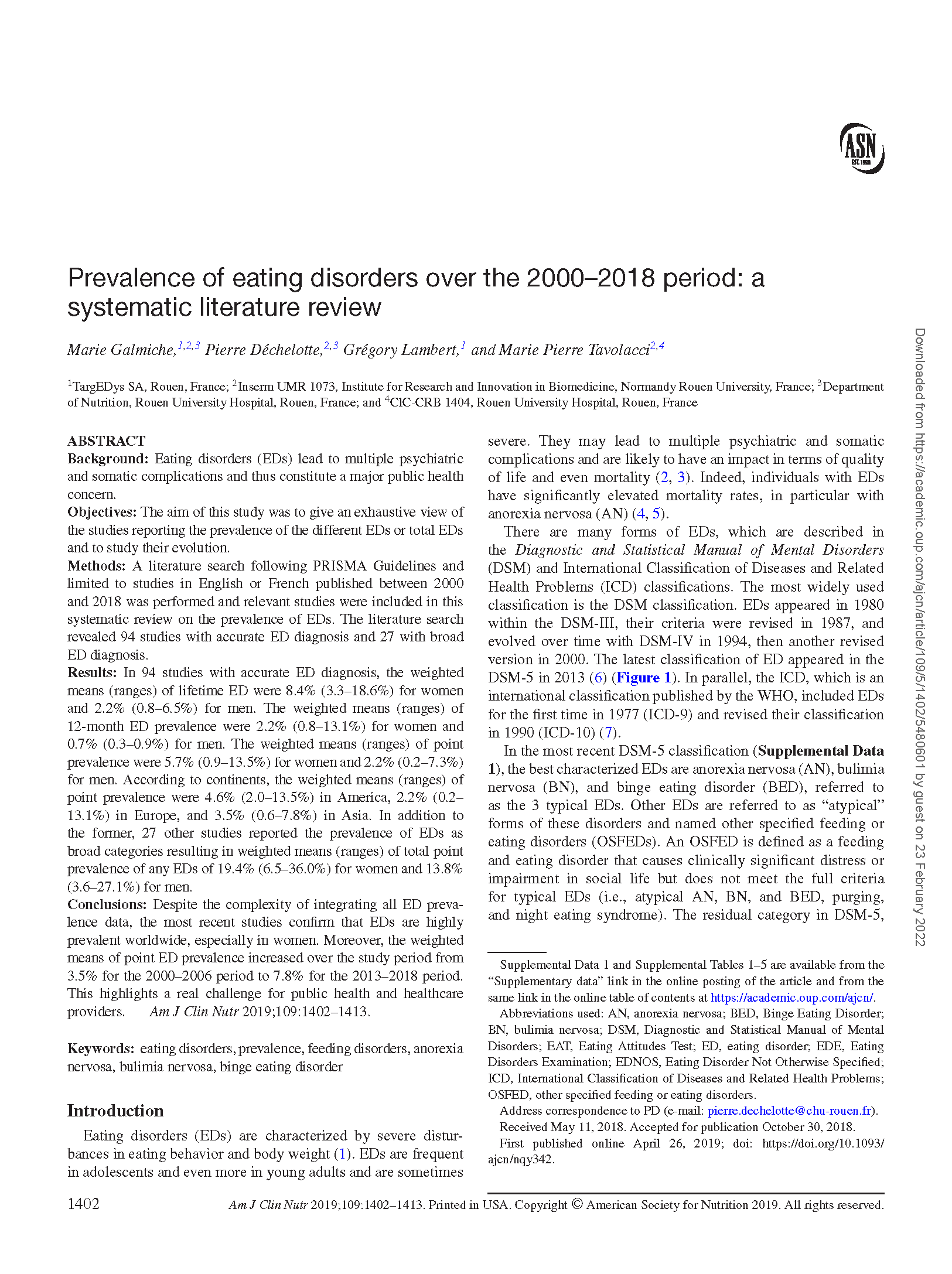 Screen capture of PDF Cover: Prevalence of Eating Disorders Over the 2000-2018 Period: A Systematic Literature Review