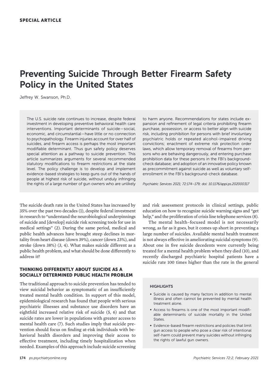 First page of Preventing Suicide Through Better Firearm Safety Policy in the United States article