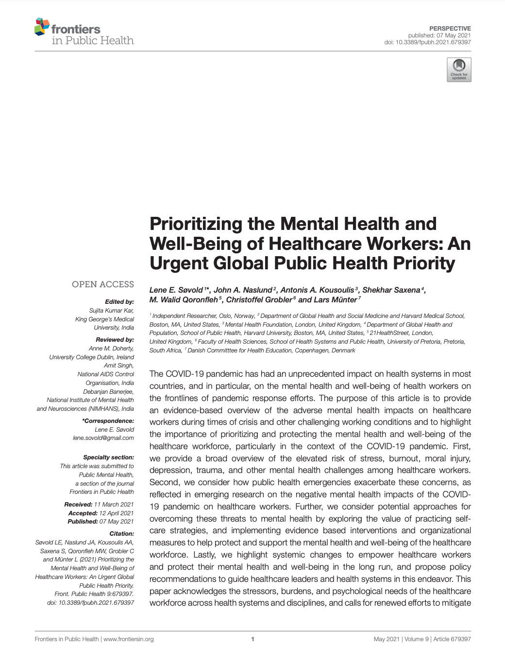 First page of Prioritizing The Mental Health And Well-Being Of Healthcare Workers: An Urgent Global Public Health Priority