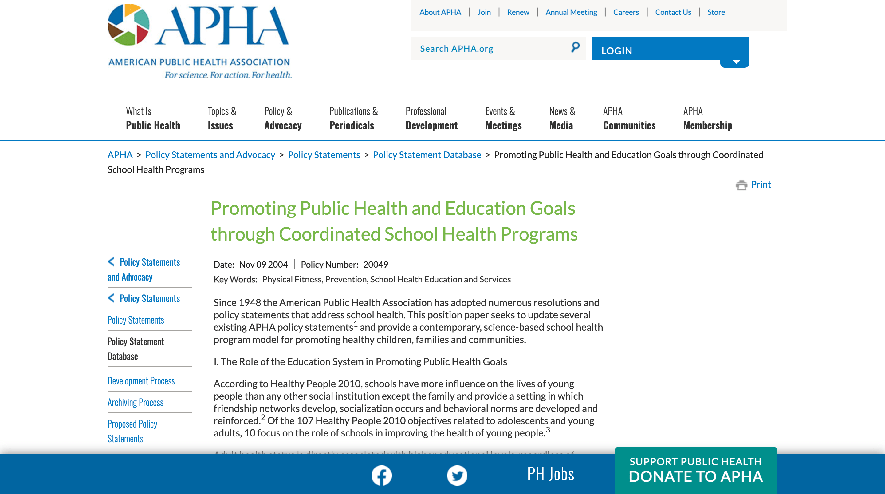 Screen capture of Promoting Public Health and Education Goals Through Coordinated School Health Programs webpage