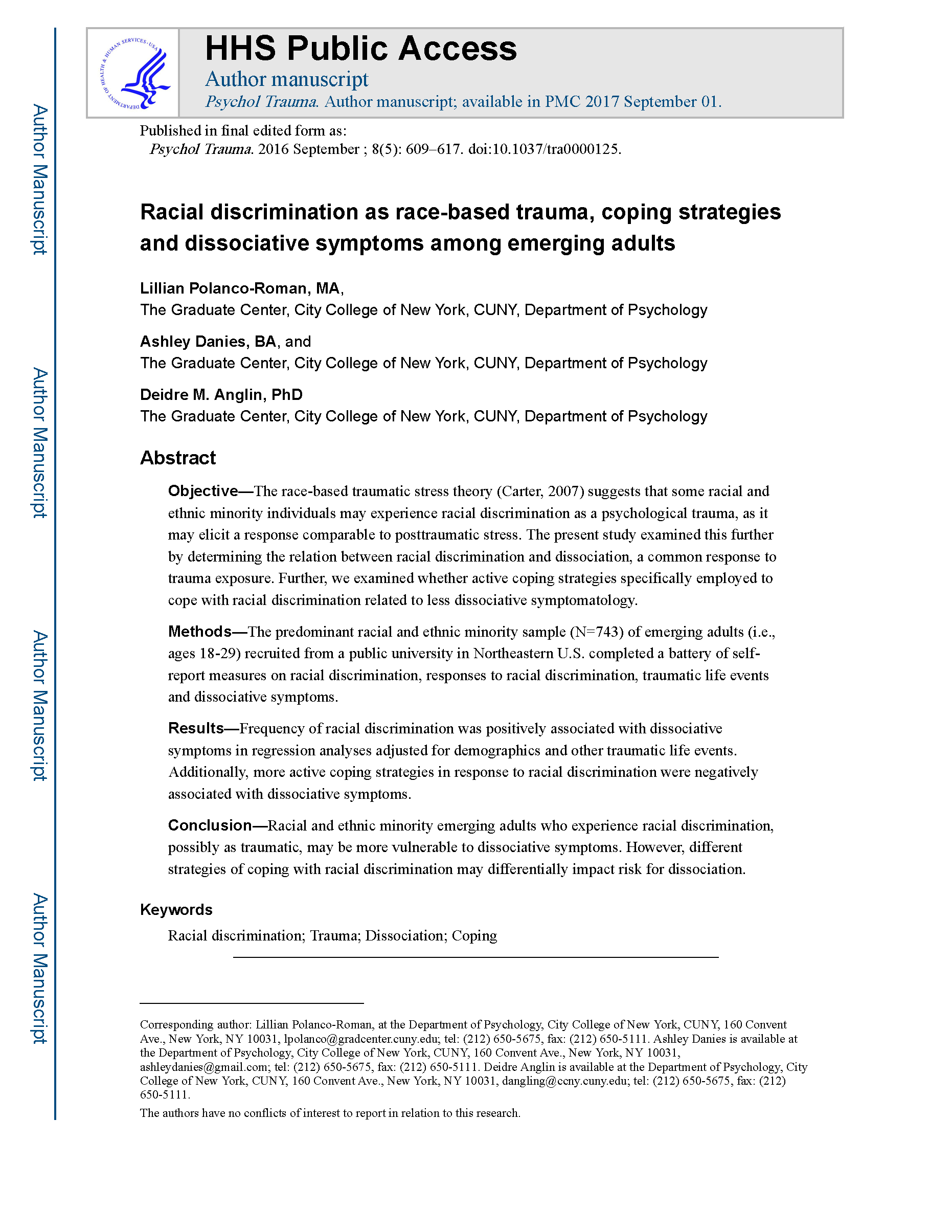 PDF Cover: Racial Discrimination as Race-Based Trauma, Coping Strategies and Dissociative Symptoms Among Emerging Adults