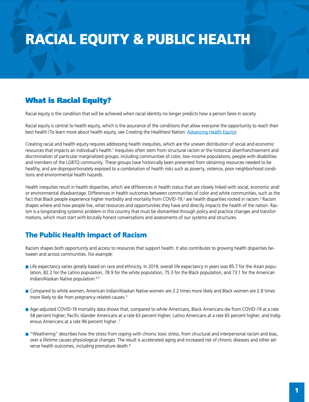 First page of Racial Equity and Public Health fact sheet