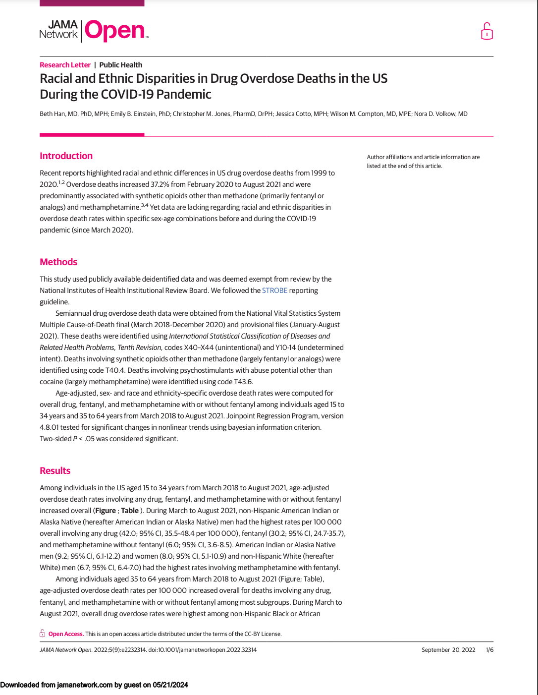 Screenshot of the first page of Racial and Ethnic Disparities in Drug Overdose Deaths in the US During the COVID-19 Pandemic