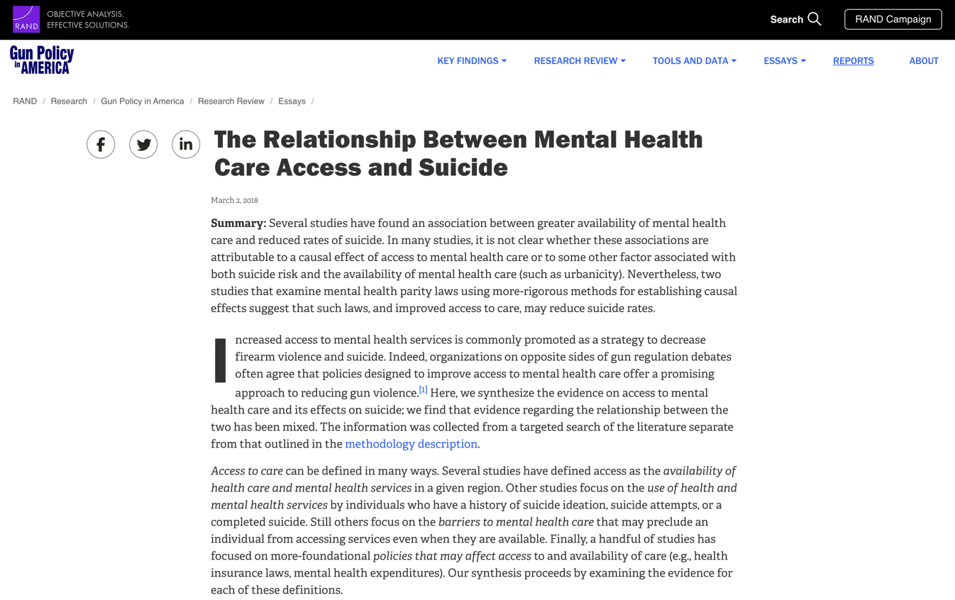 Screenshot of the front page of The Relationship Between Mental Health Care Access and Suicide