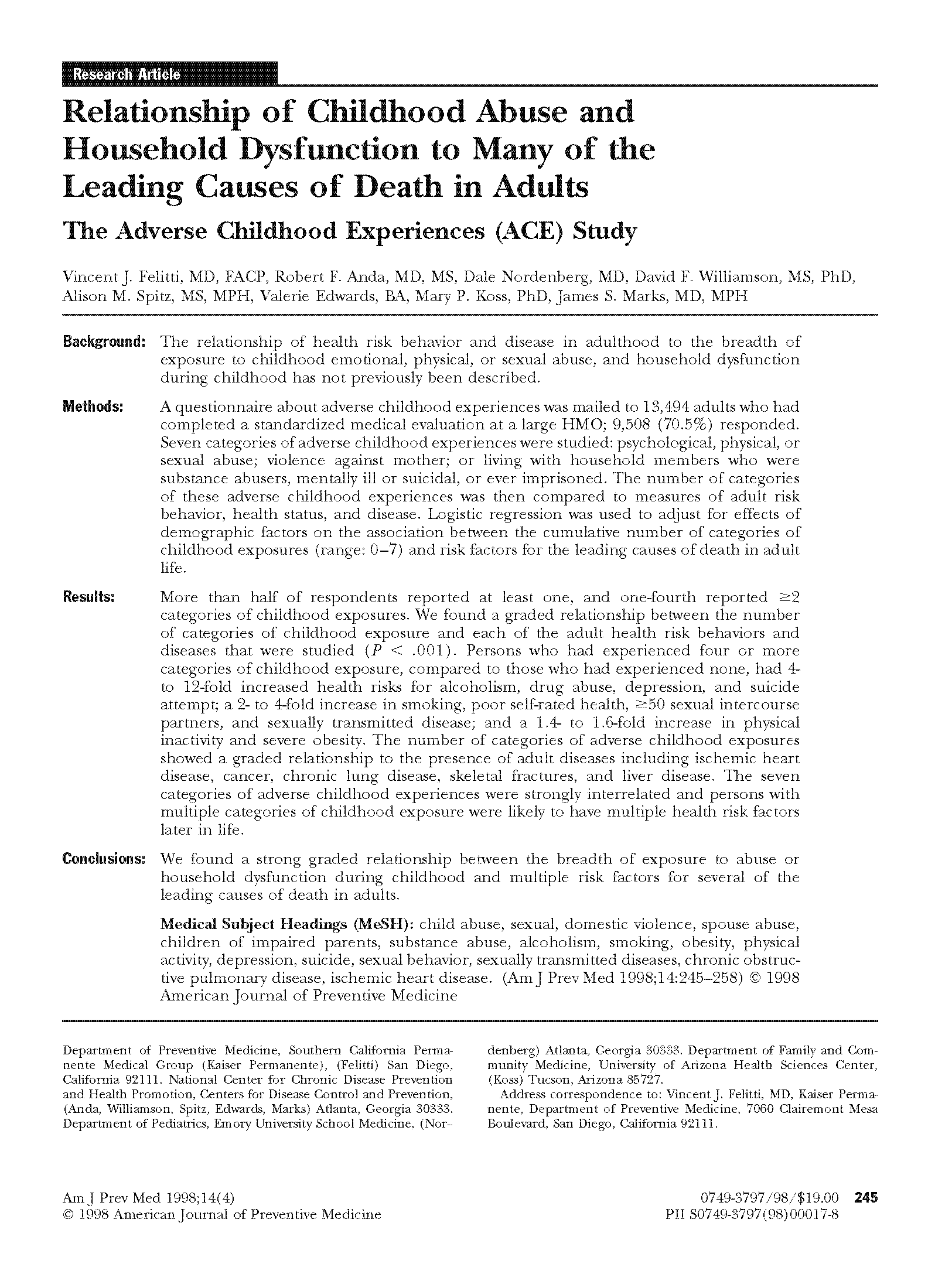 PDF Cover page: Relationship of Childhood Abuse and Household Dysfunction to Many of the Leading Causes of Death in Adults