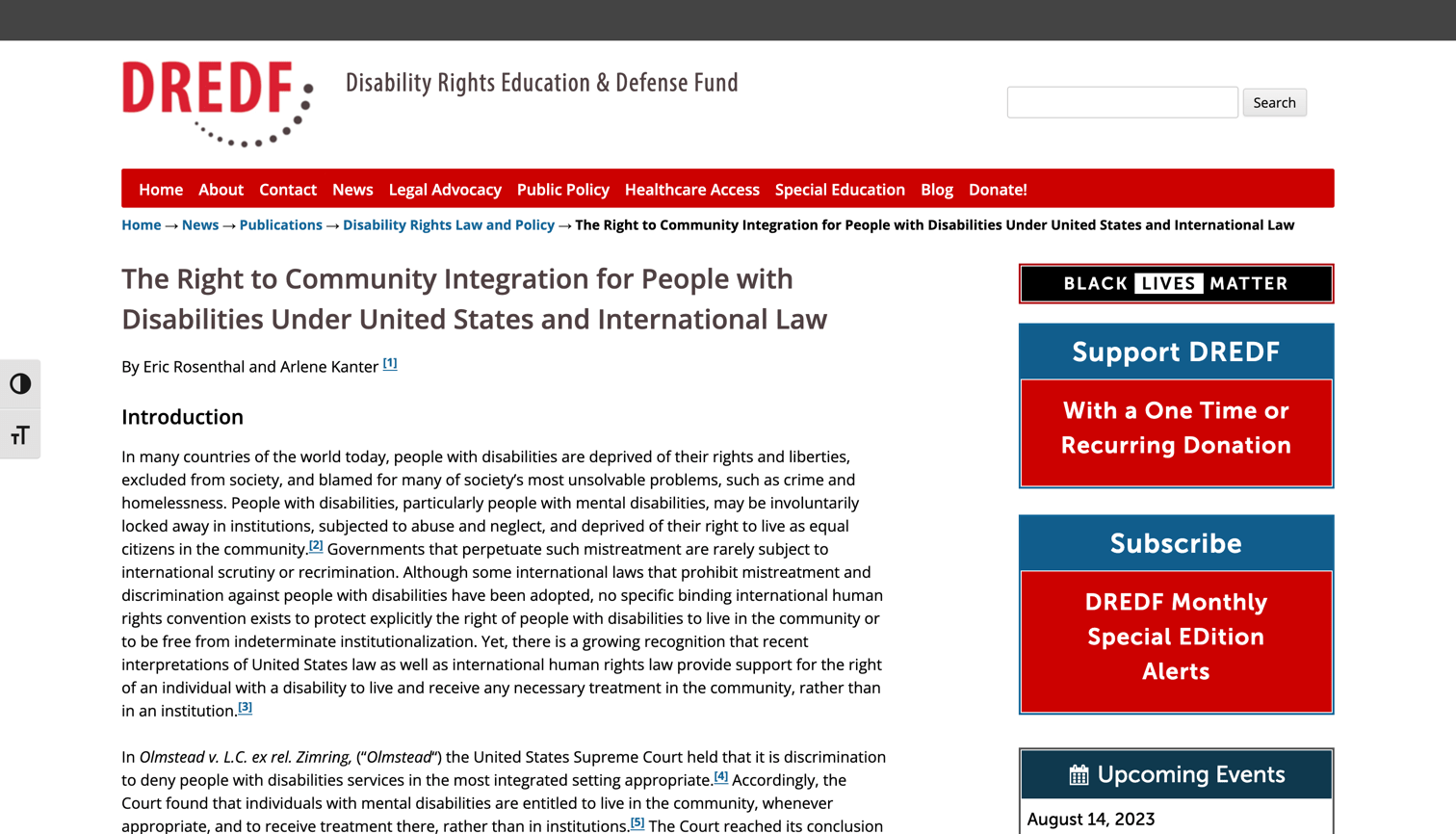 Screen capture of website logo: The Right to Community Integration for People with Disabilities Under United States and International Law