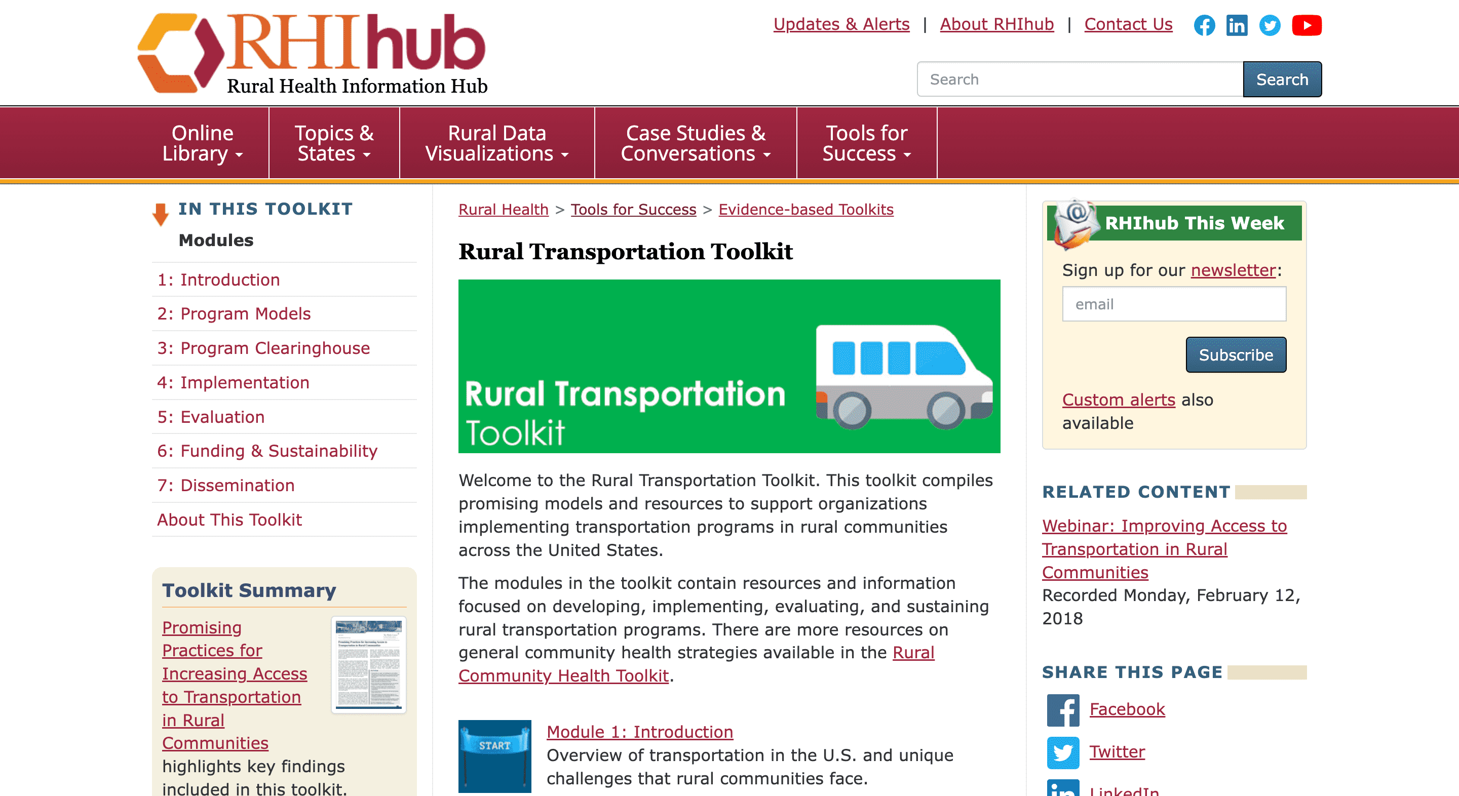 Screen capture of the Rural Transportation Toolkit