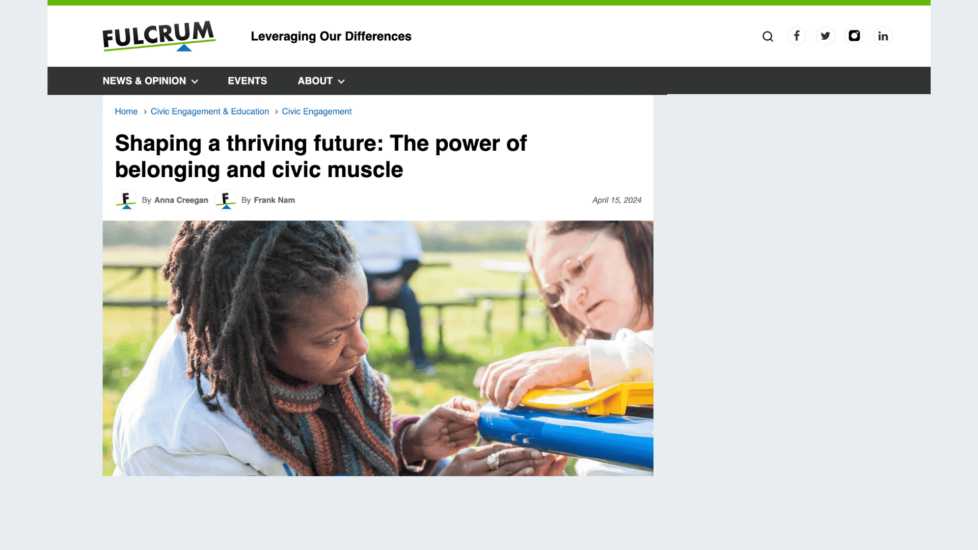 Screen capture of Shaping a Thriving Future: The Power of Belonging and Civic Muscle article