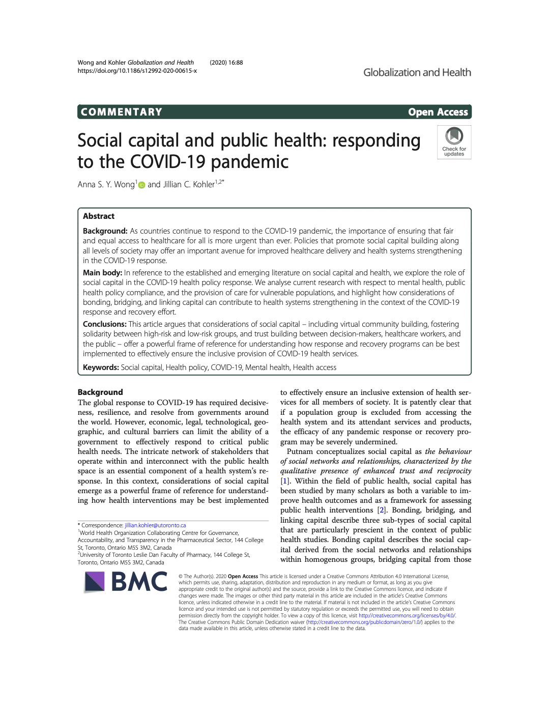 First page of Social Capital and Public Health: Responding to the COVID-19 Pandemic