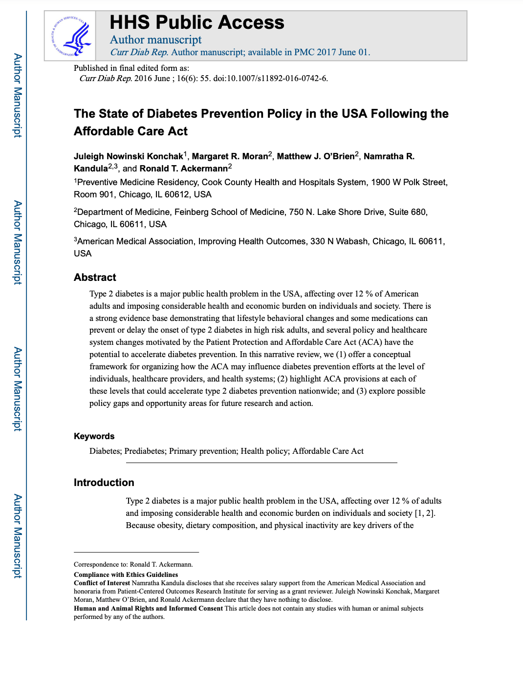 First page of The State of Diabetes Prevention Policy in the USA Following the Affordable Care Act