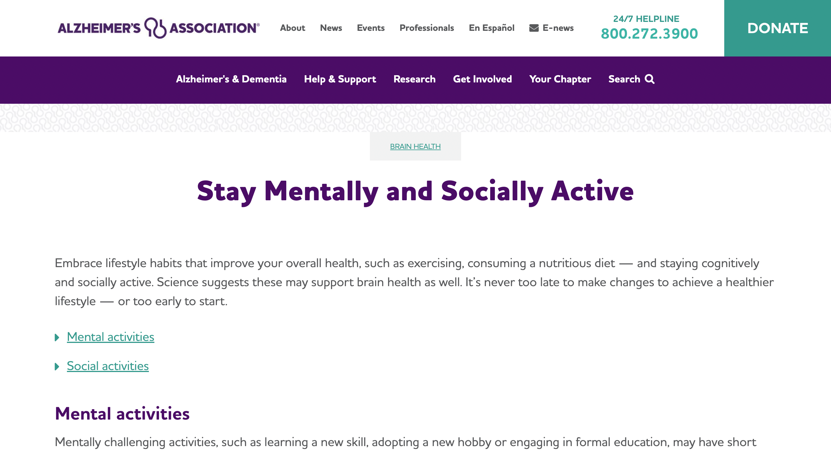 Screen capture of Stay Mentally and Socially Active