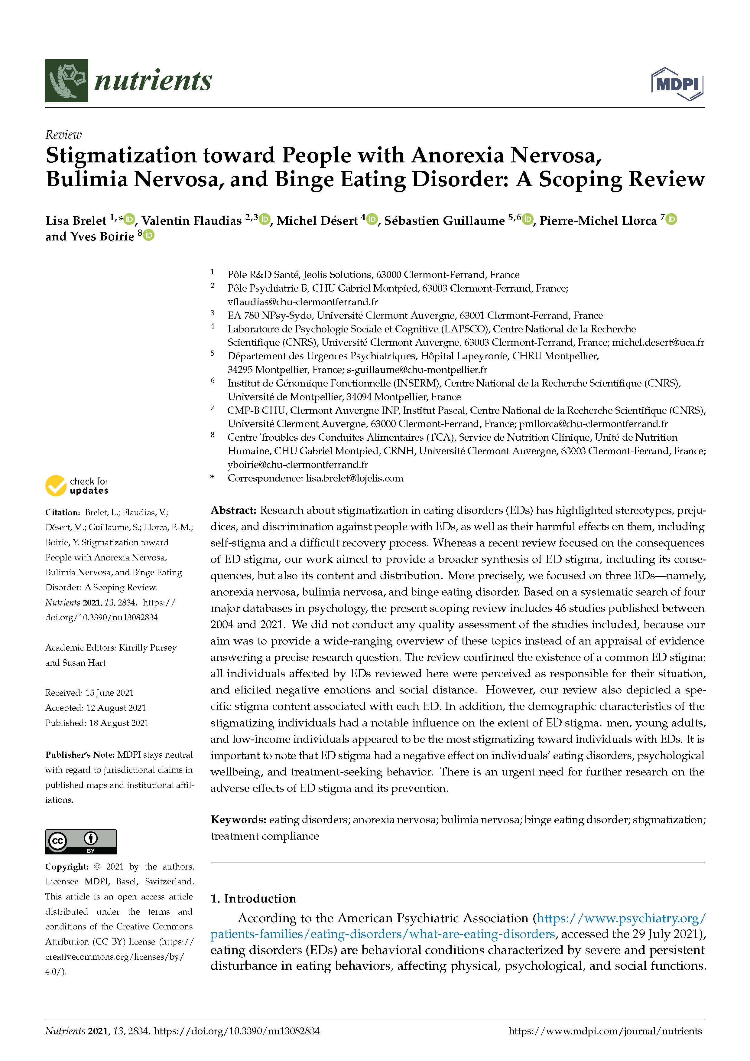 Screen capture of PDF Cover: Stigmatization toward People with Anorexia Nervosa, Bulimia Nervosa, and Binge Eating Disorder: A Scoping Review