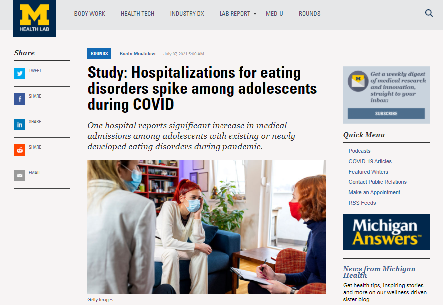 Screen capture of top of web article: Study: Hospitalizations for eating disorders spike among adolescents during COVID