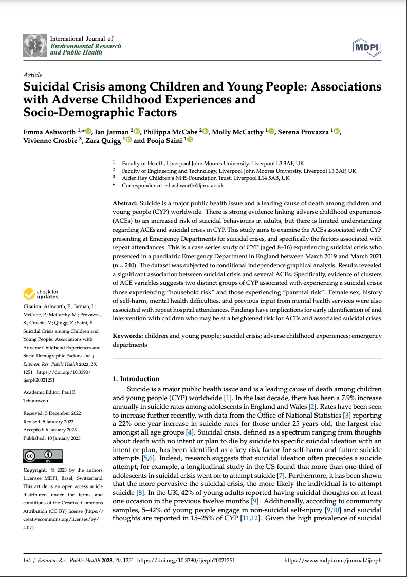 Screenshot of the first page of Suicidal Crisis Among Children and Young People: Associations with Adverse Childhood Experiences and Socio-Demographic Factors