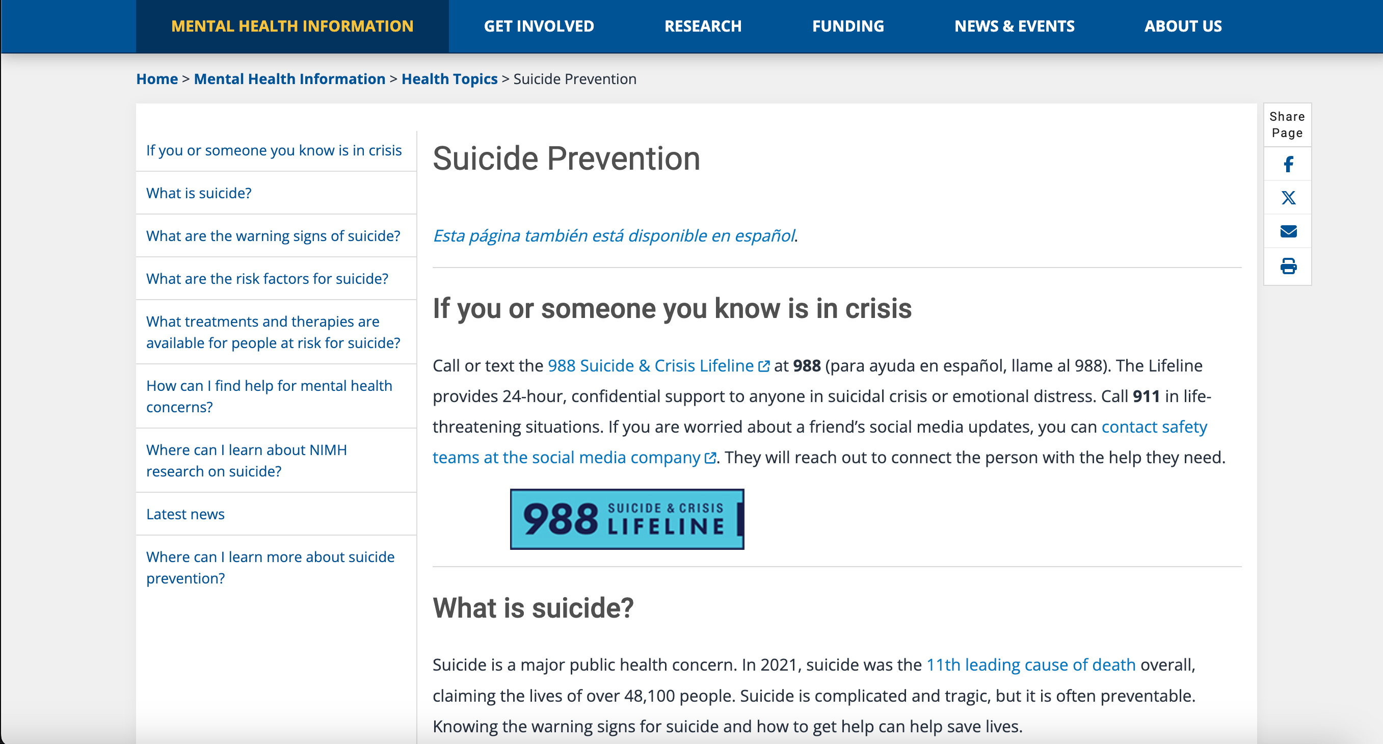 screenshot of the front page of Suicide prevention