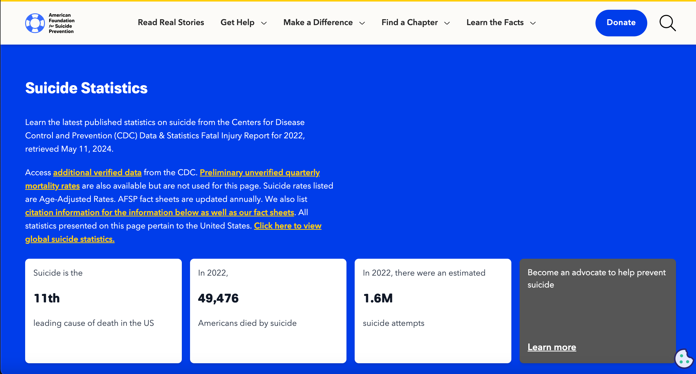 Screenshot of the front page of the Suicide Statistics page
