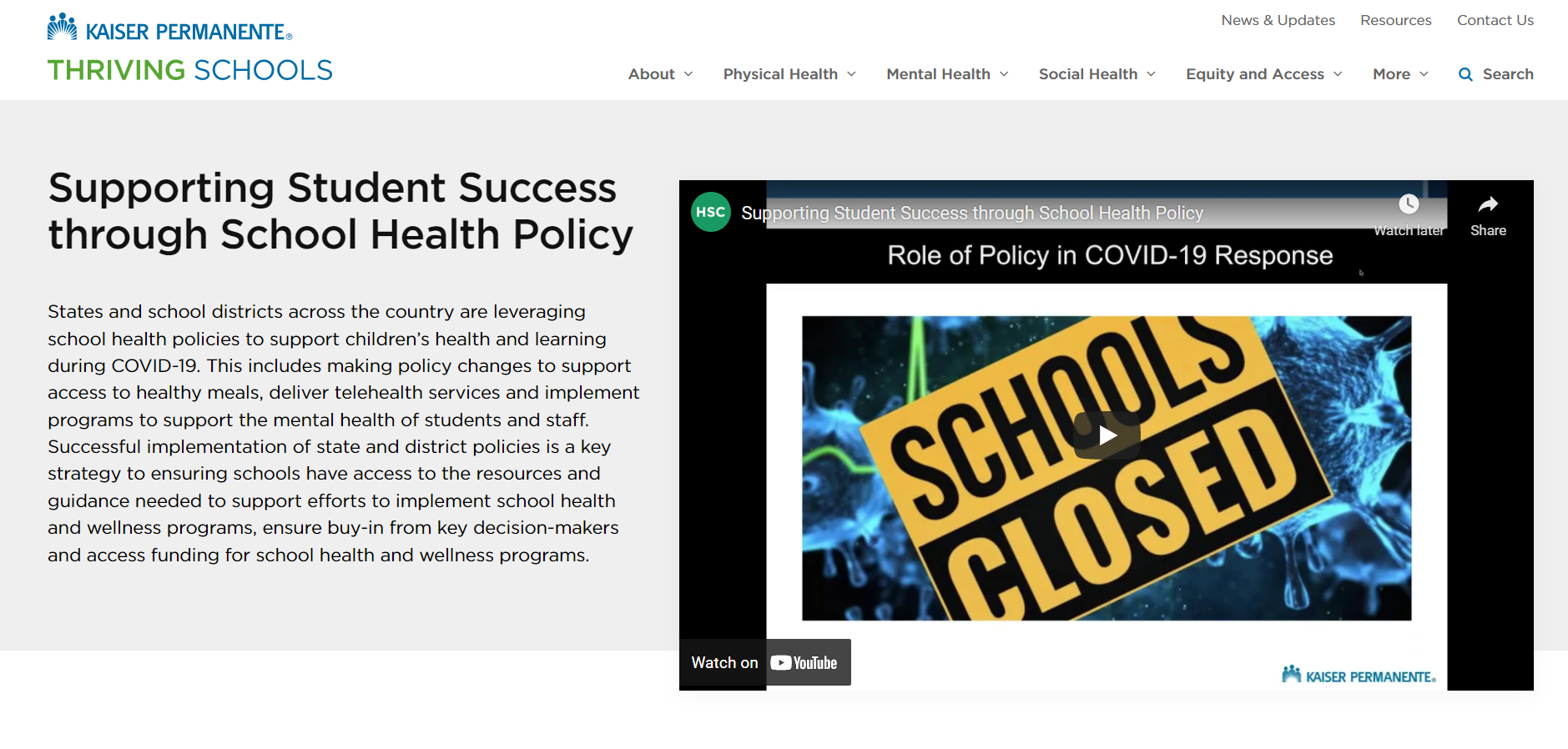 Screen Capture of Webinar Cover Page: Supporting Student Success through School Health Policy