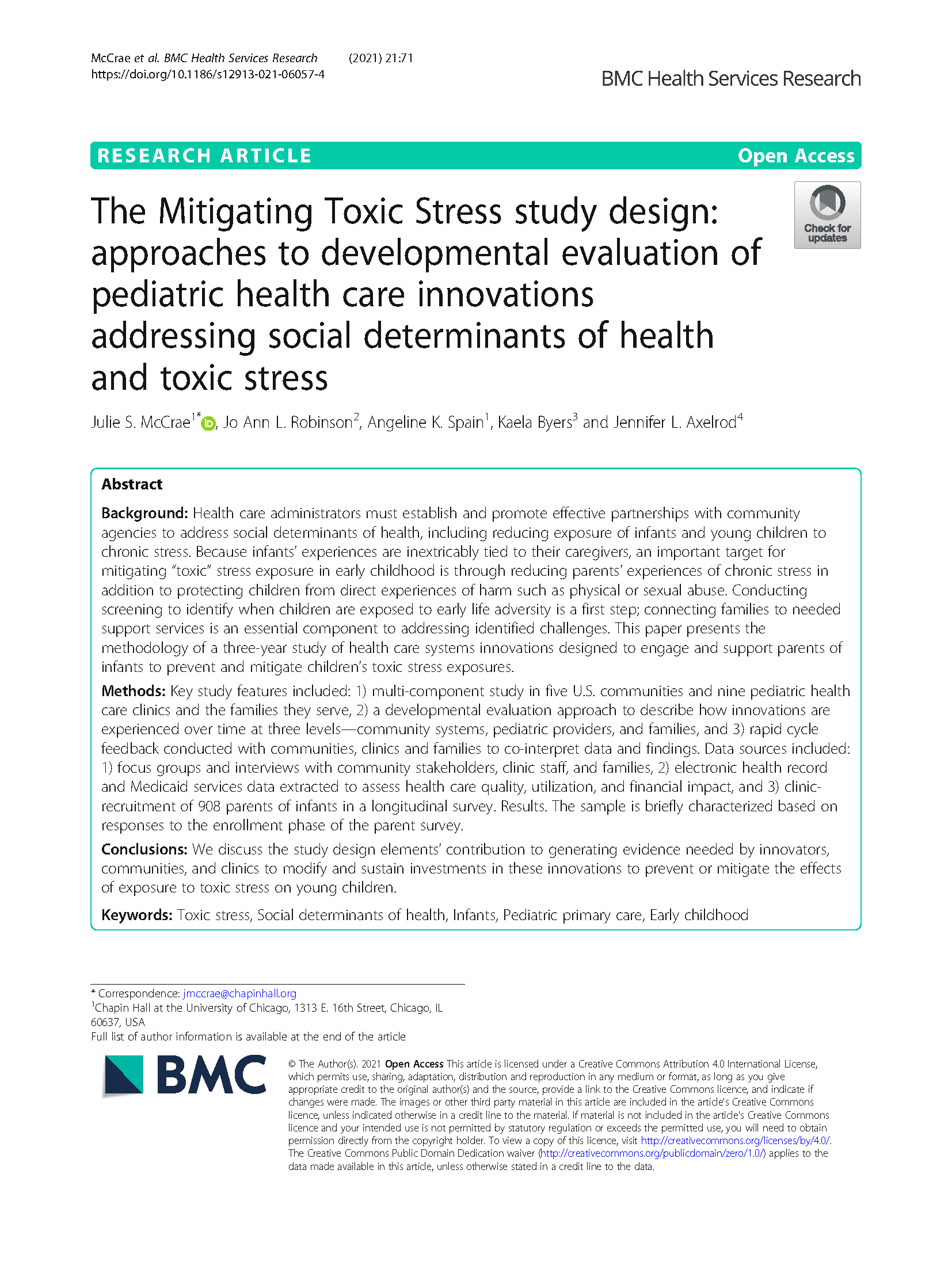 PDF Cover: The Mitigating Toxic Stress study design: approaches to developmental evaluation of pediatric health care innovations addressing social determinants of health and toxic stress