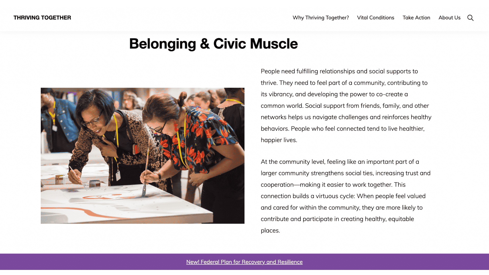 Screen shot Thriving Together: Belonging and Civic Muscle webpage