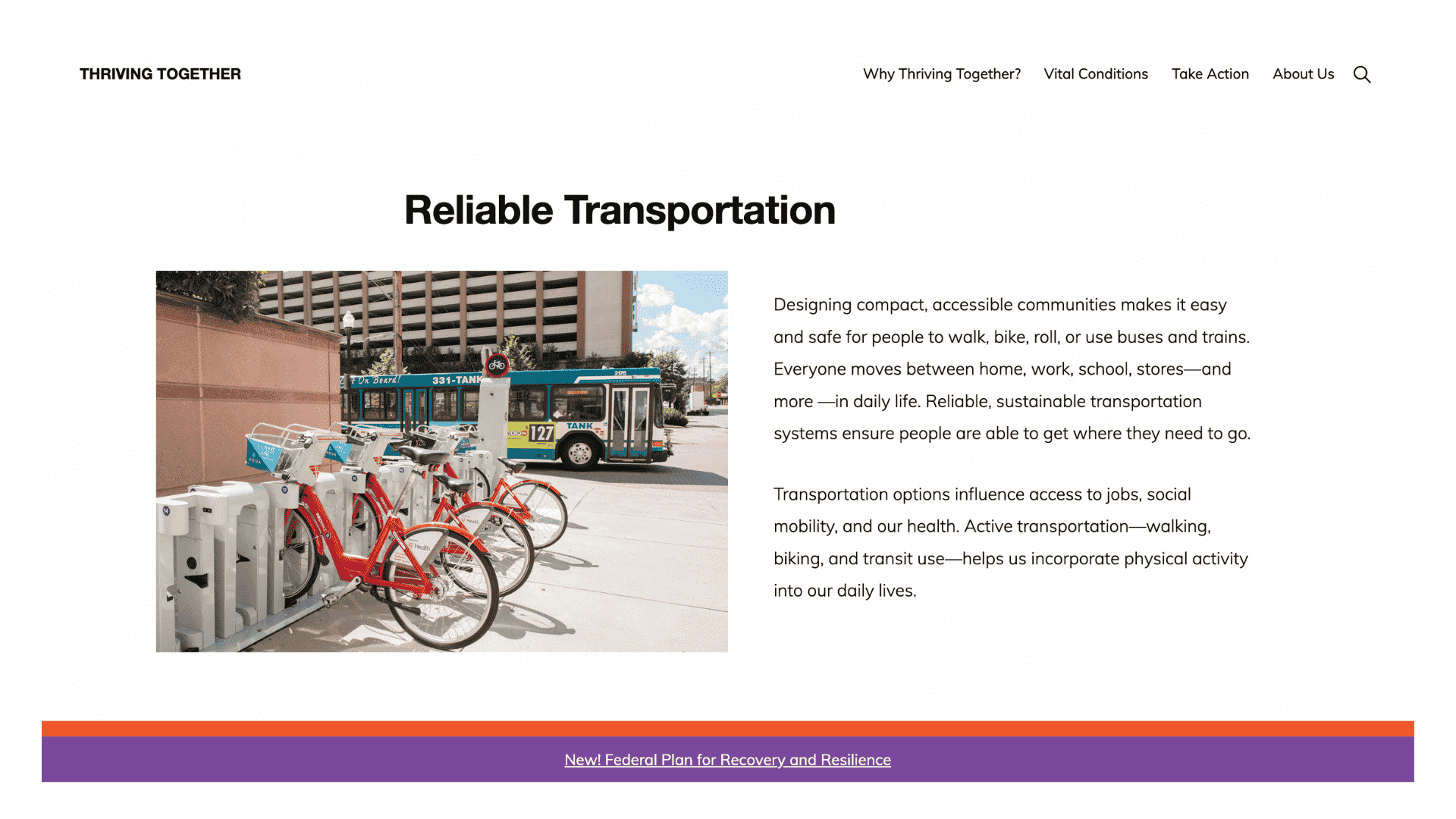 Screen shot of Thriving Together: Reliable Transportation webpage