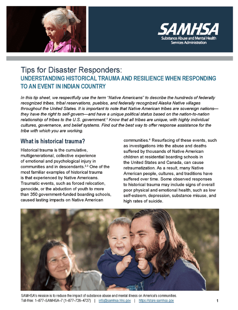 First page of Tips for Disaster Responders: Understanding Historical Trauma and Resilience When Responding to an Event in Indian Country